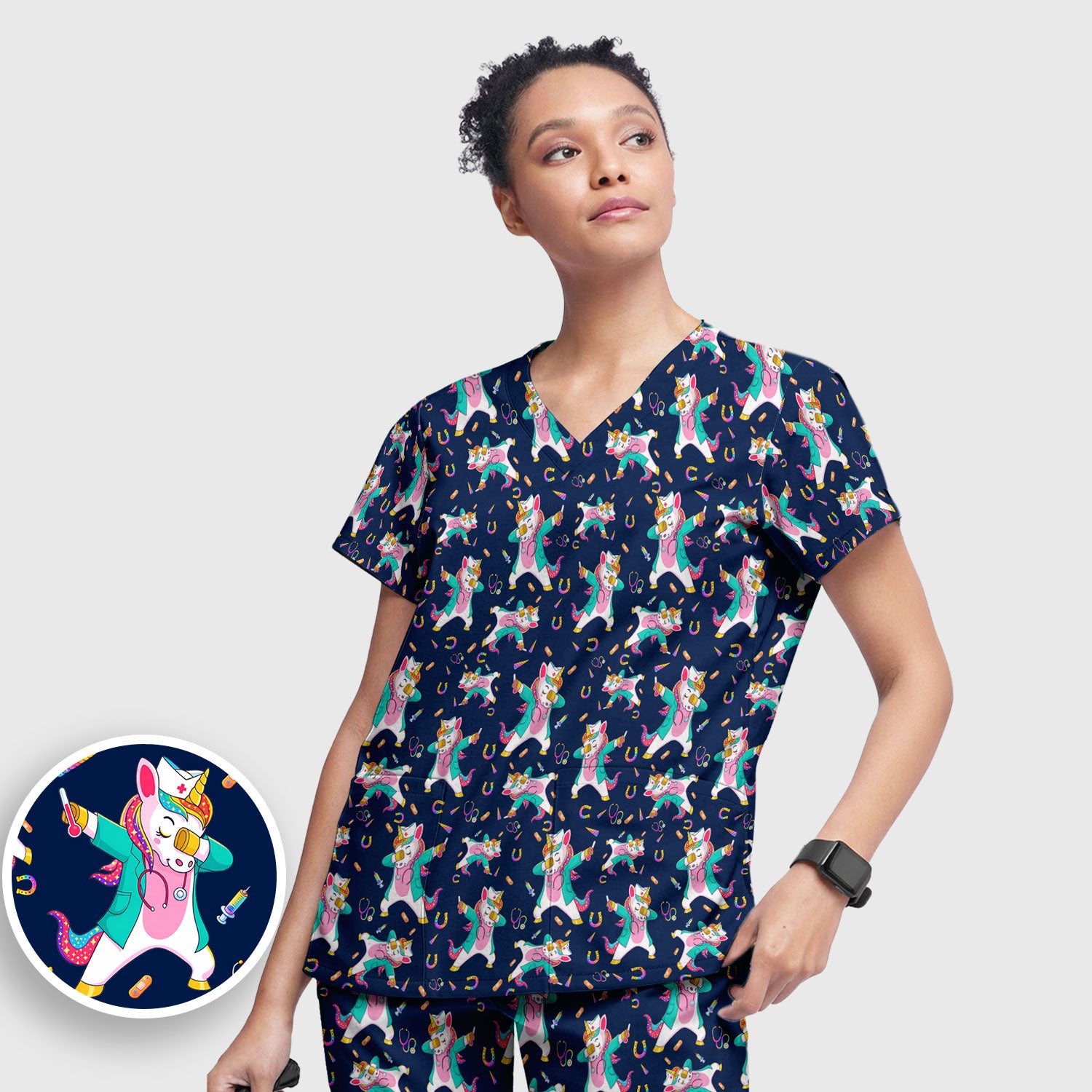 Cute Unicorn Nurse Dance Pattern Women's Sets, Scrub Pants and V Neck Top