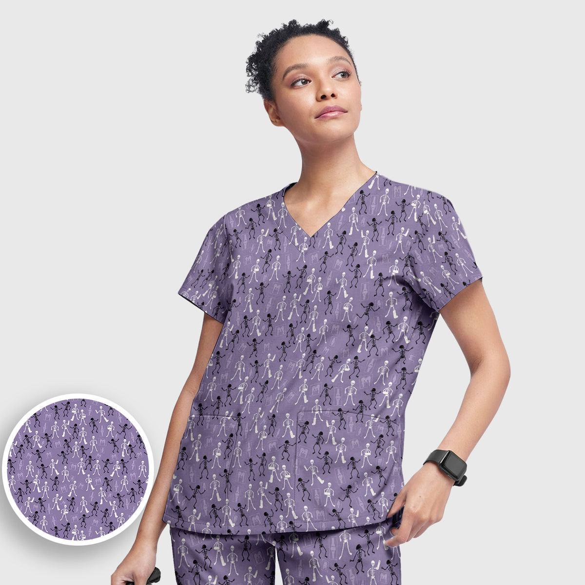 Halloween Orthopedic Skeleton Scrub Set, Scrub Pants and V Neck Top for Orthopedic Nurses
