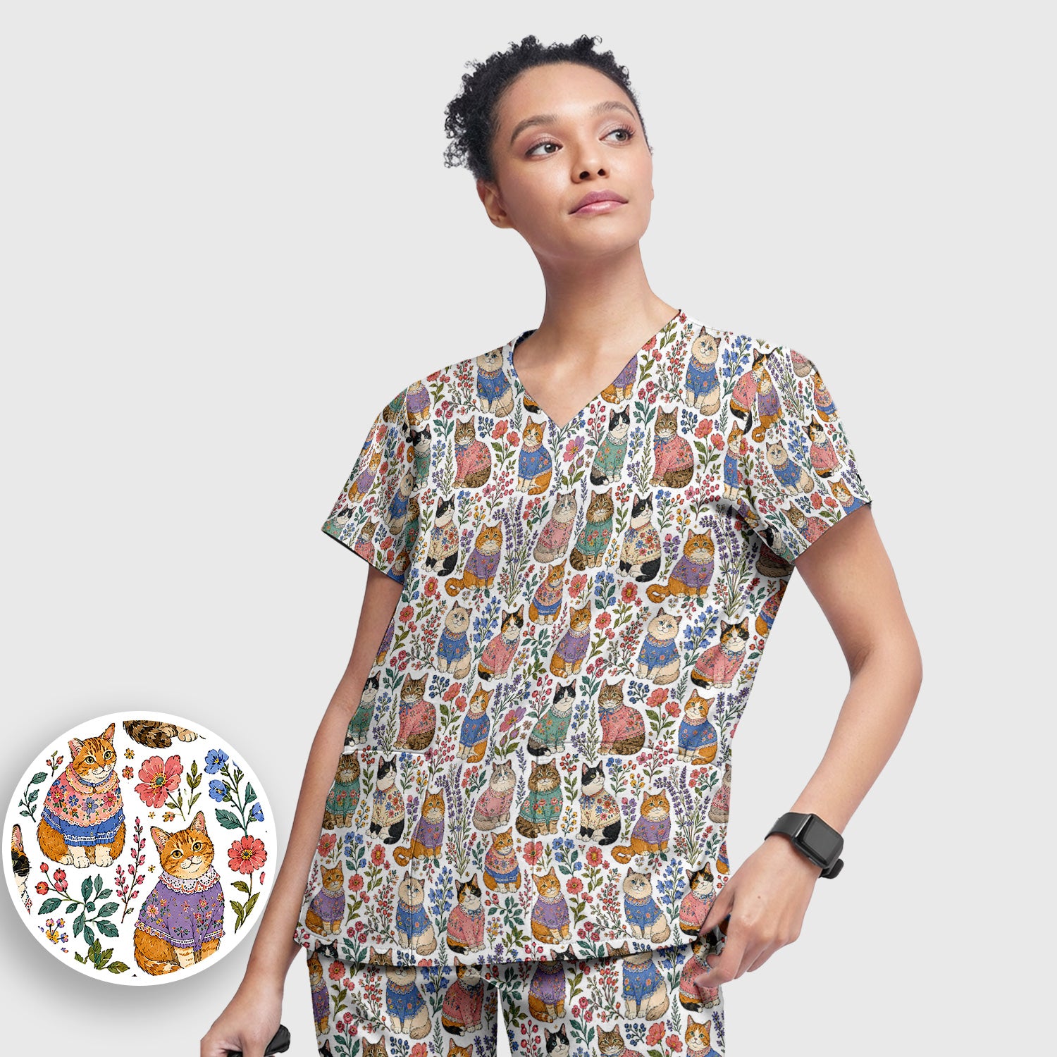 Cute Floral Cat Pattern Scrub Set, Scrub Pants and V Neck Top