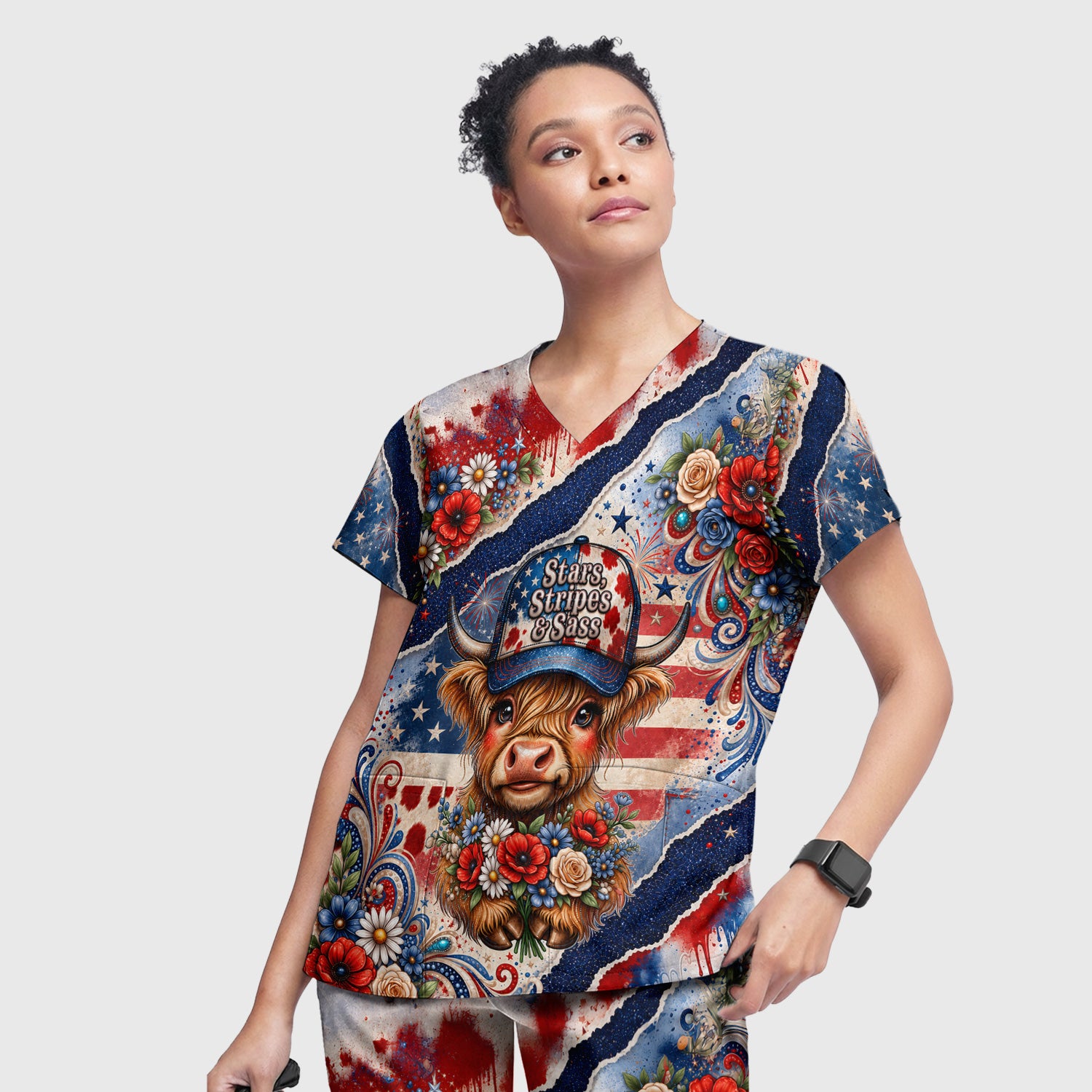 Patriotic Highland Cow Pattern, Healthcare Workers Scrub Set, Scrub Pants and V Neck Top