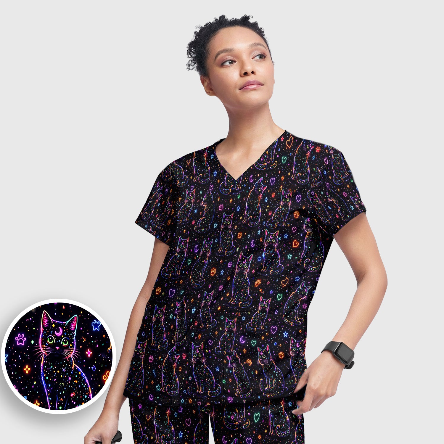 Mystical Cosmic Moon Cat Pattern Scrub Set, Scrub Pants and V Neck Top