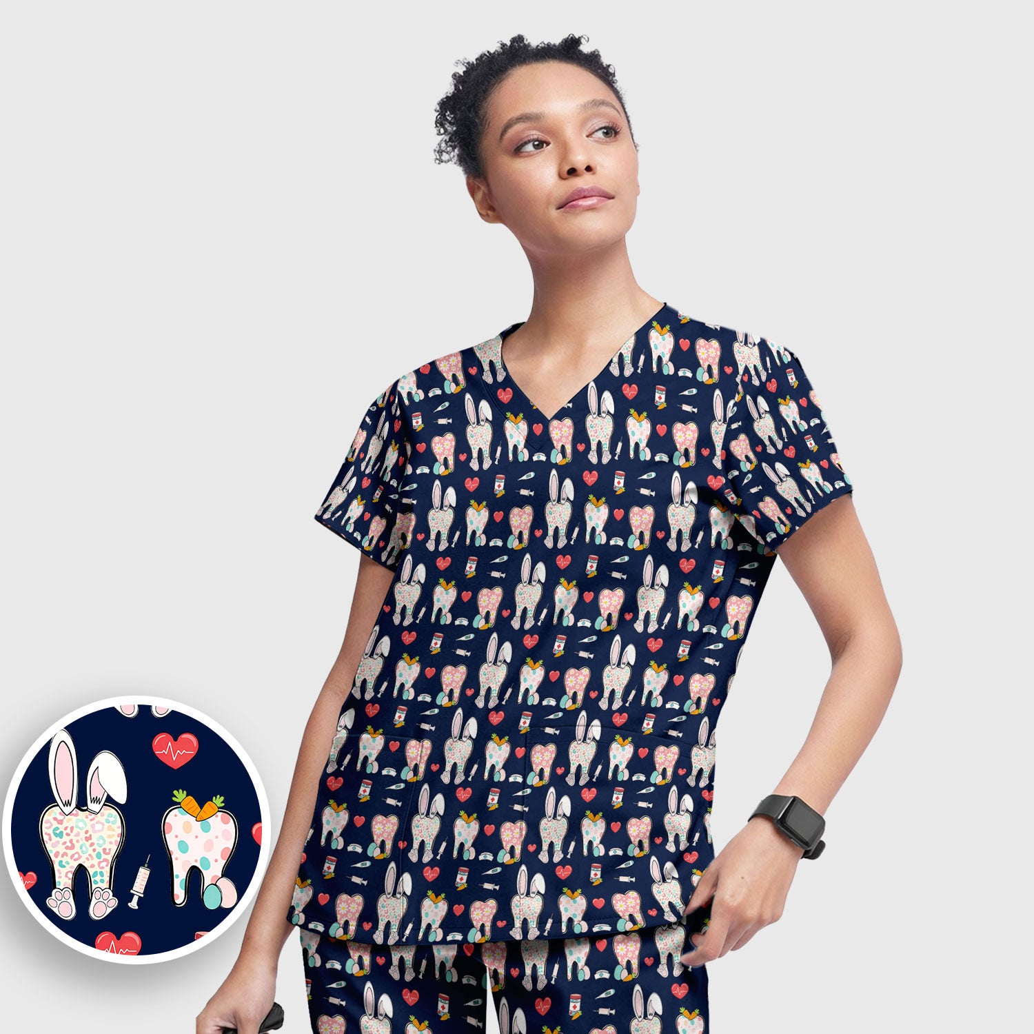 Playful Bunny Dentist Illustration Medical Set, Scrub Pants and V Neck Top