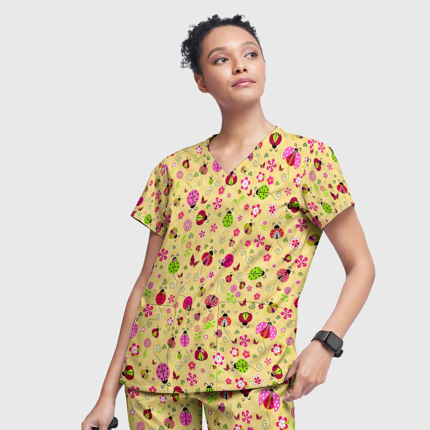 Yellow Ladybug Floral Garden Pattern Scrub Set, Scrub Pants and V Neck Top