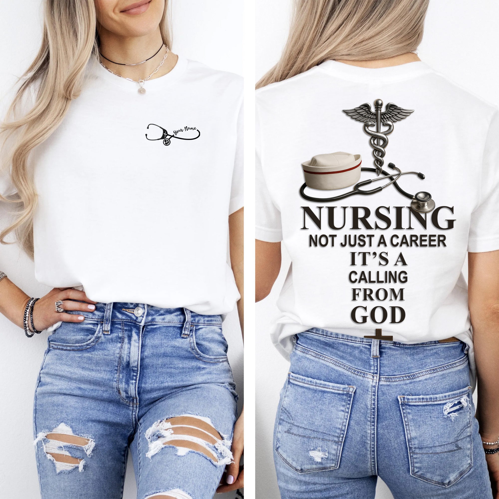 Personalized Christian Nurse Shirt with Faith Quote – Nursing Is a Calling from God – Custom Name Gift for RN LPN CNA