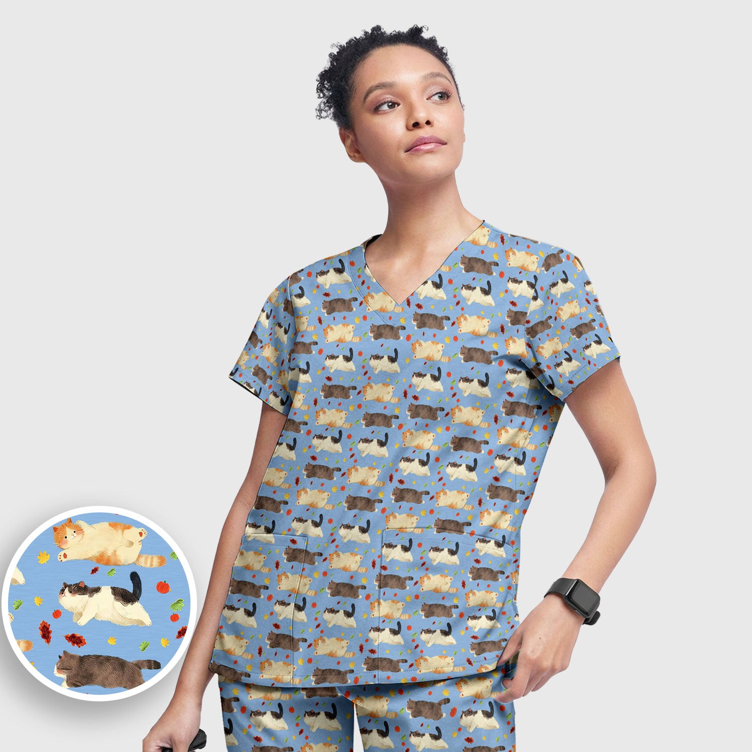 Chubby Cat Autumn Leaves Print Scrub Set, Breathable Med Uniform