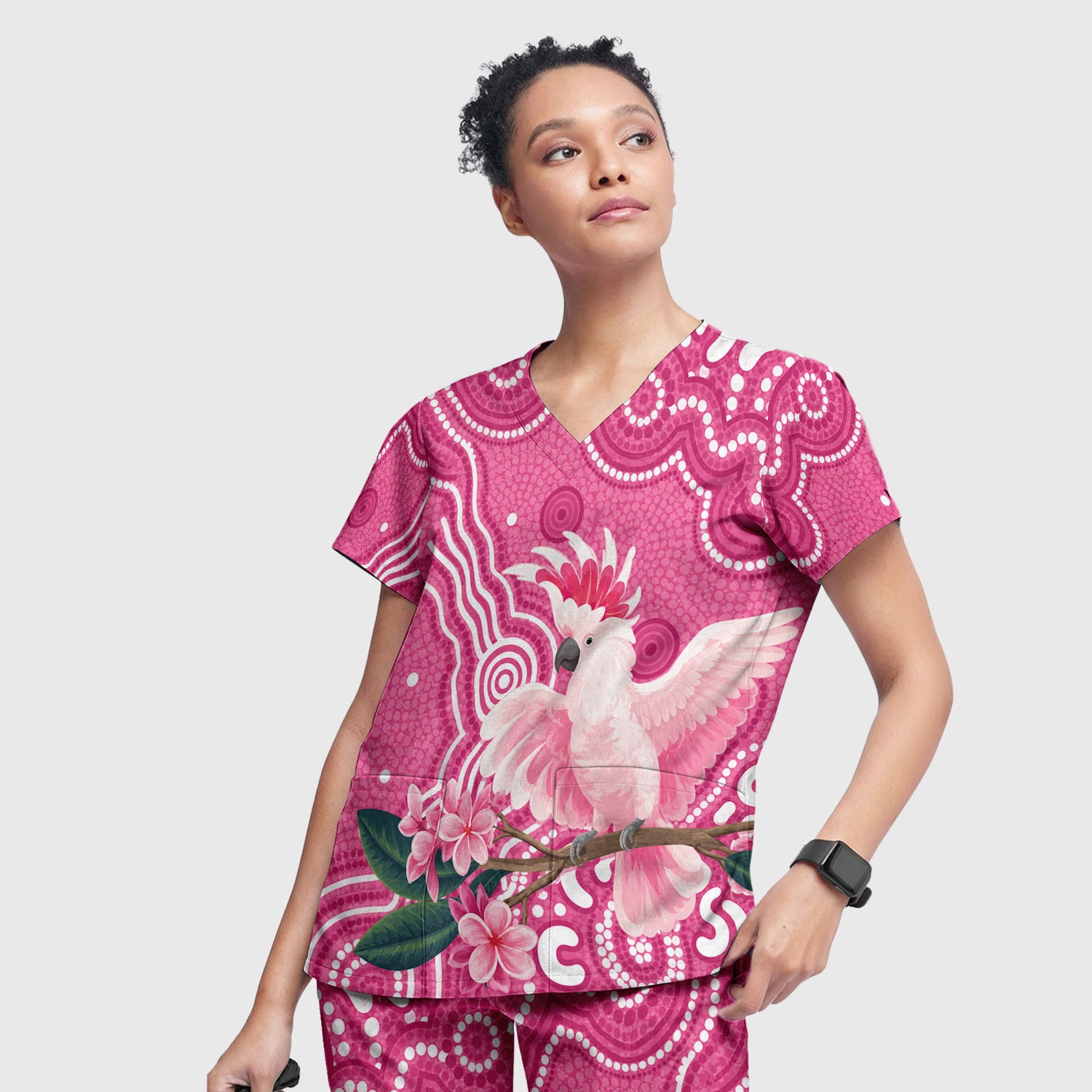 Pink Cockatoo Floral Dot Pattern Scrub Set, Scrub Pants and V Neck Top