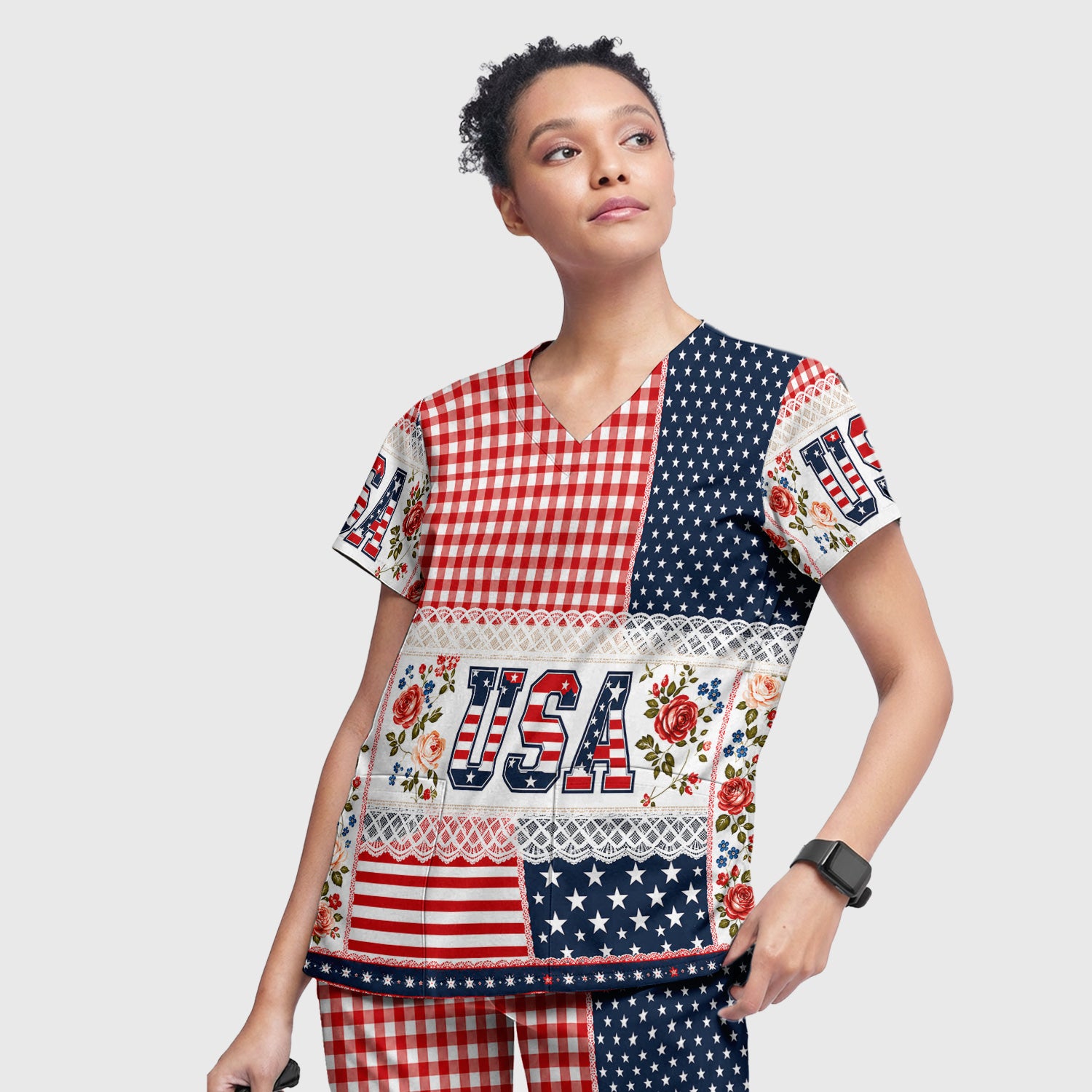 Patriotic Patchwork with USA Flag Pattern Scrub Set, Scrub Pants and V Neck Top
