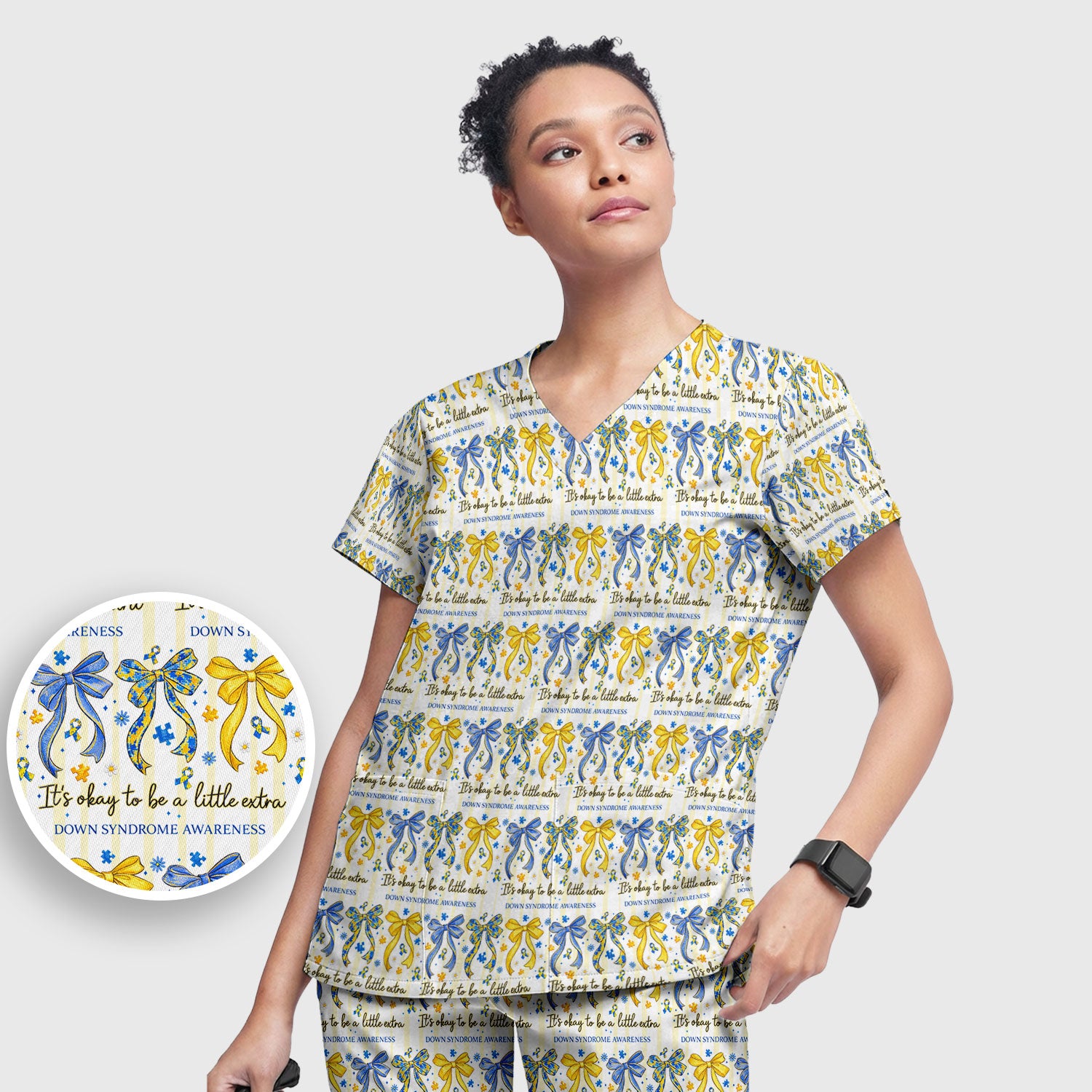 Down Syndrome Awareness Ribbon Pattern Scrub Set, Scrub Pants and V Neck Top
