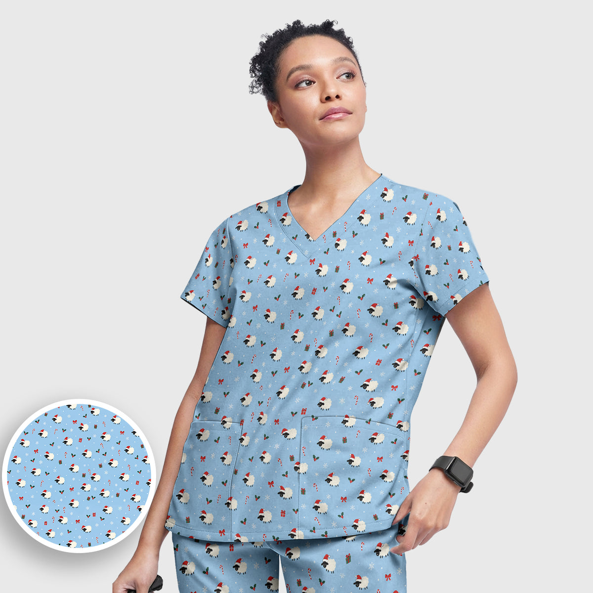Cute Christmas Sheep Pattern Scrub Set, Scrub Pants and V Neck Top