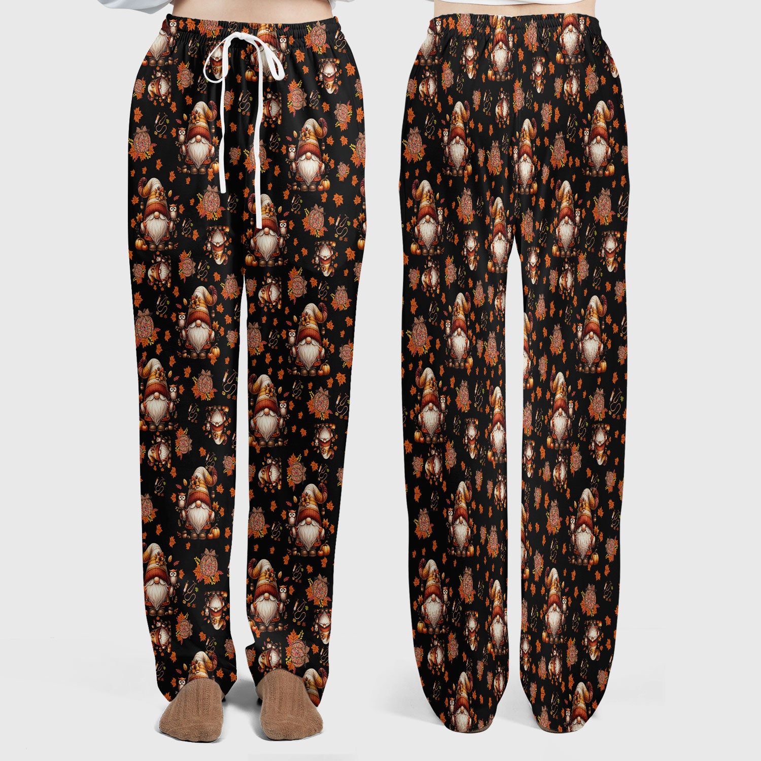 Fall Gnome Women's Scrub Sets - Autumn Leaves Pumpkin Scrub Pants and V Neck Top - Thanksgiving Nursing Uniform