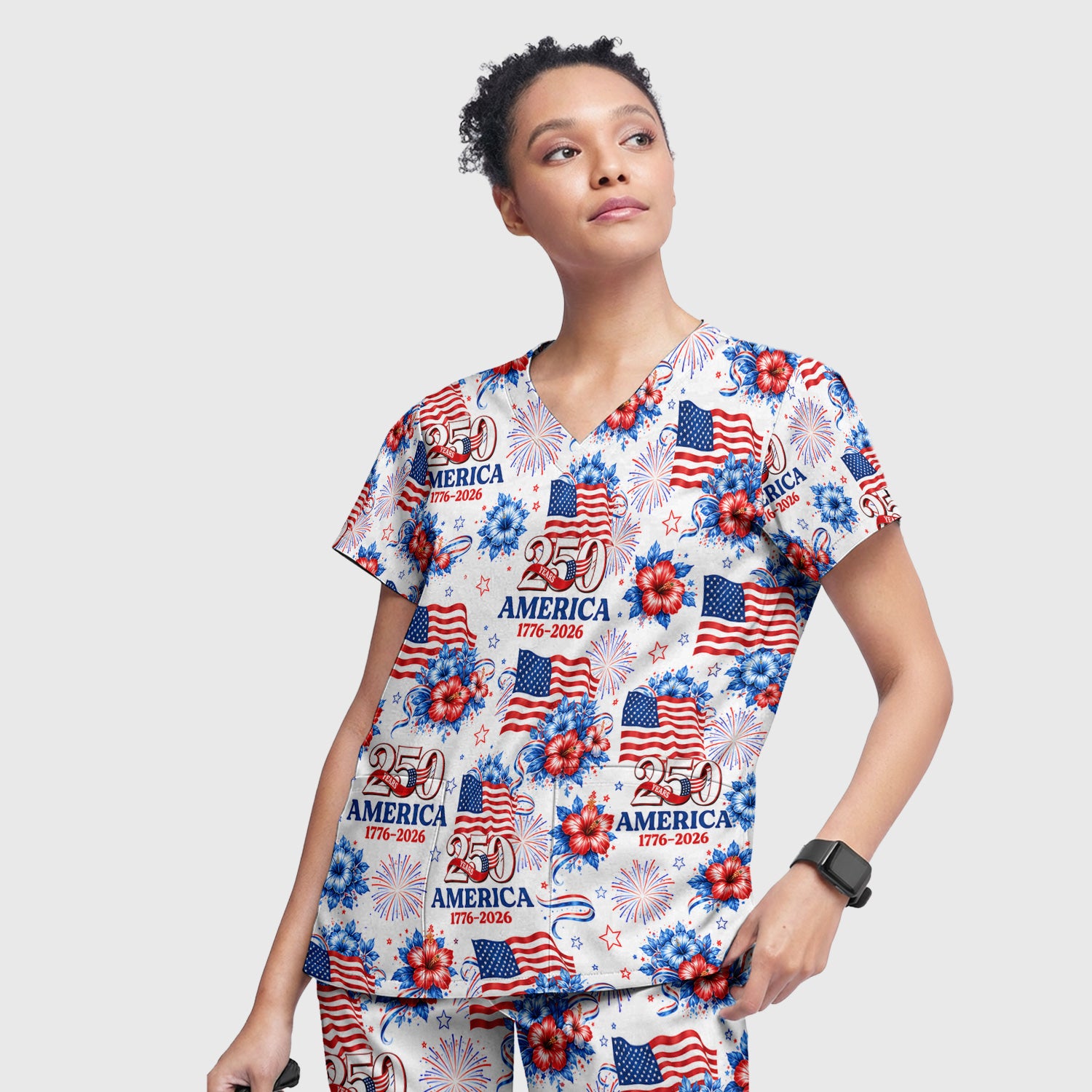 America 250 with Flag Firework Pattern Scrub Set, Scrub Pants and V Neck Top