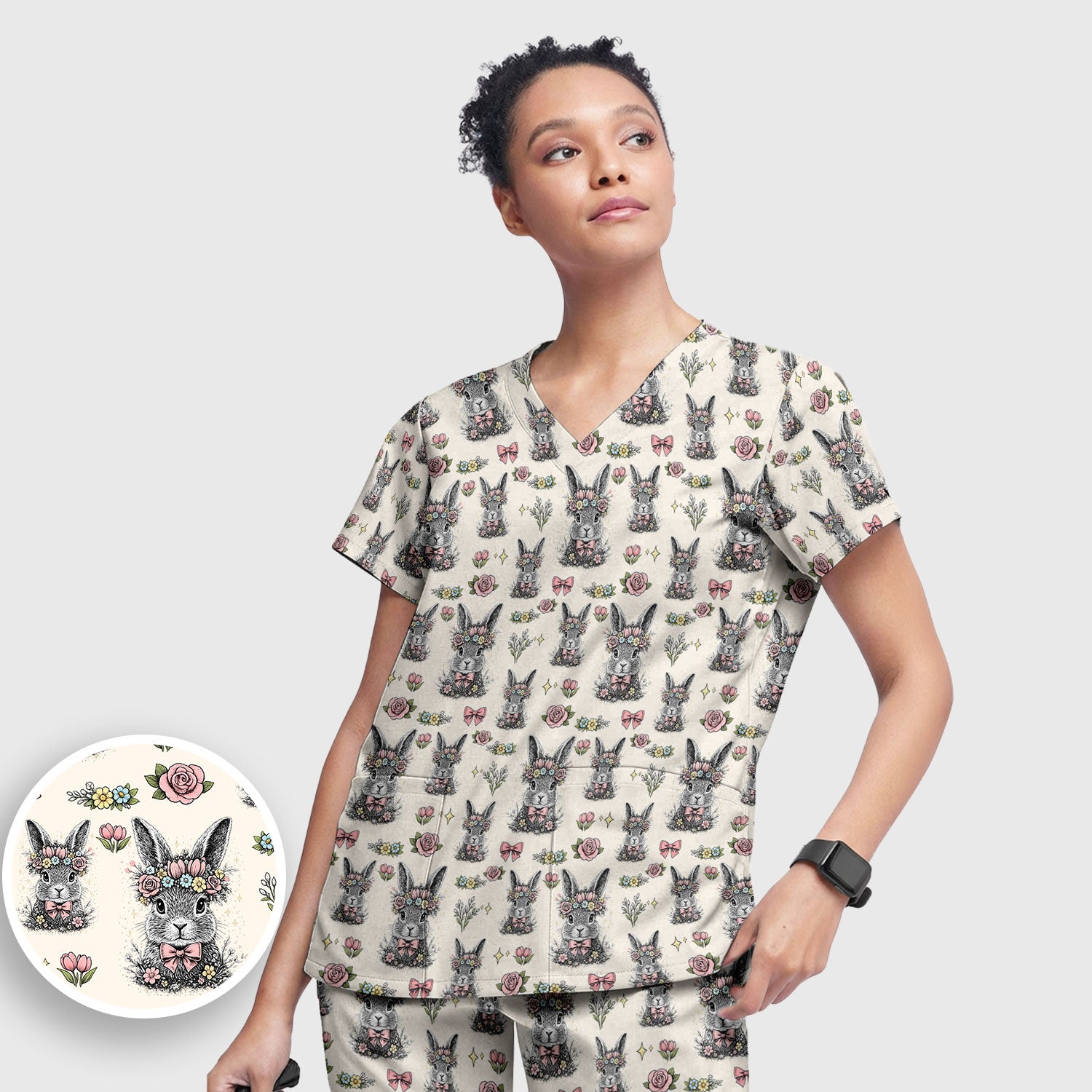 Vintage Floral Bunny Print Scrub Set, Scrub Pants and V Neck Top