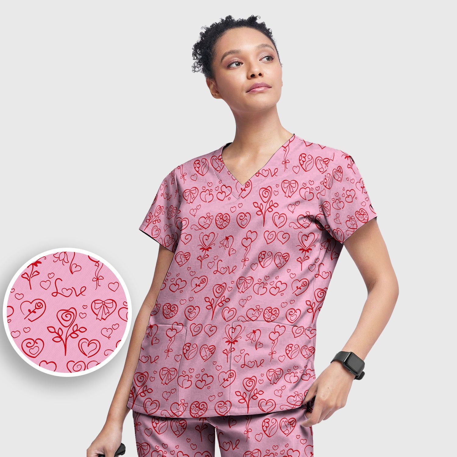 Cute Valentine Heart Scrub Set, Artistic Heart Pink Love Line Art Pattern Nurse Shirt, Comfortable Scrubs For Nursing