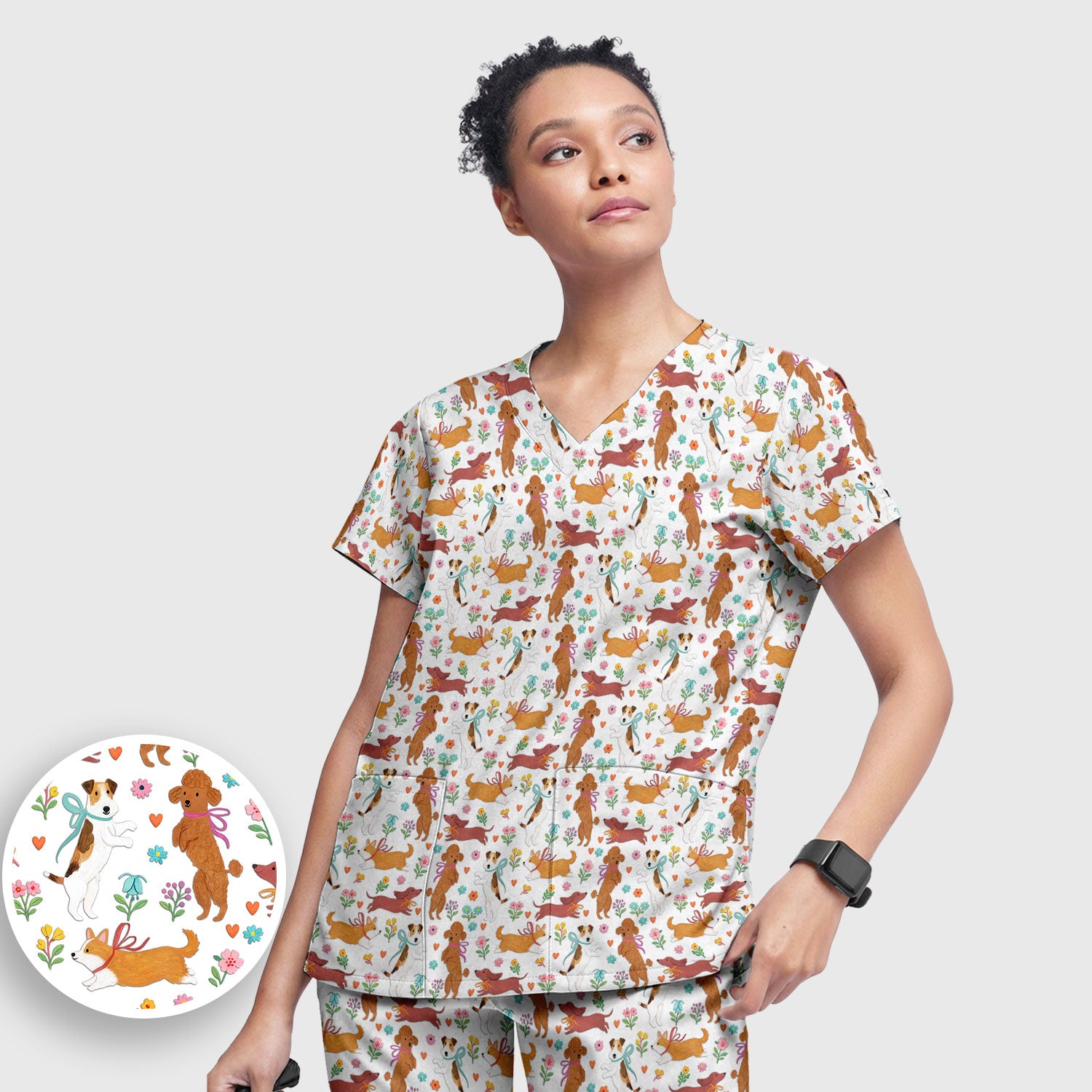 Cute Cartoon Dog Print Women's Scrub Set, Scrub Pants and V Neck Top