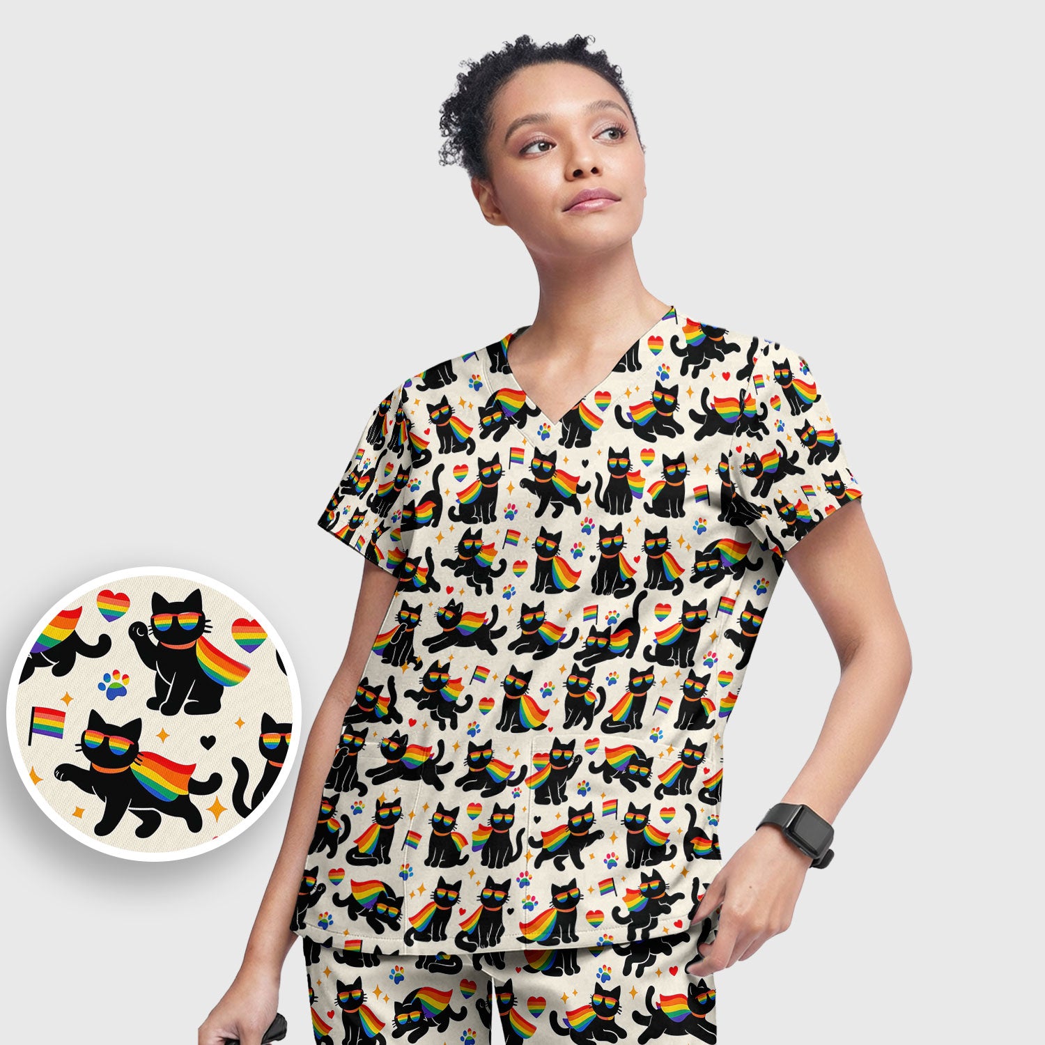 Rainbow Black Cat Pride Pattern Scrub Set, Breathable Med Uniform