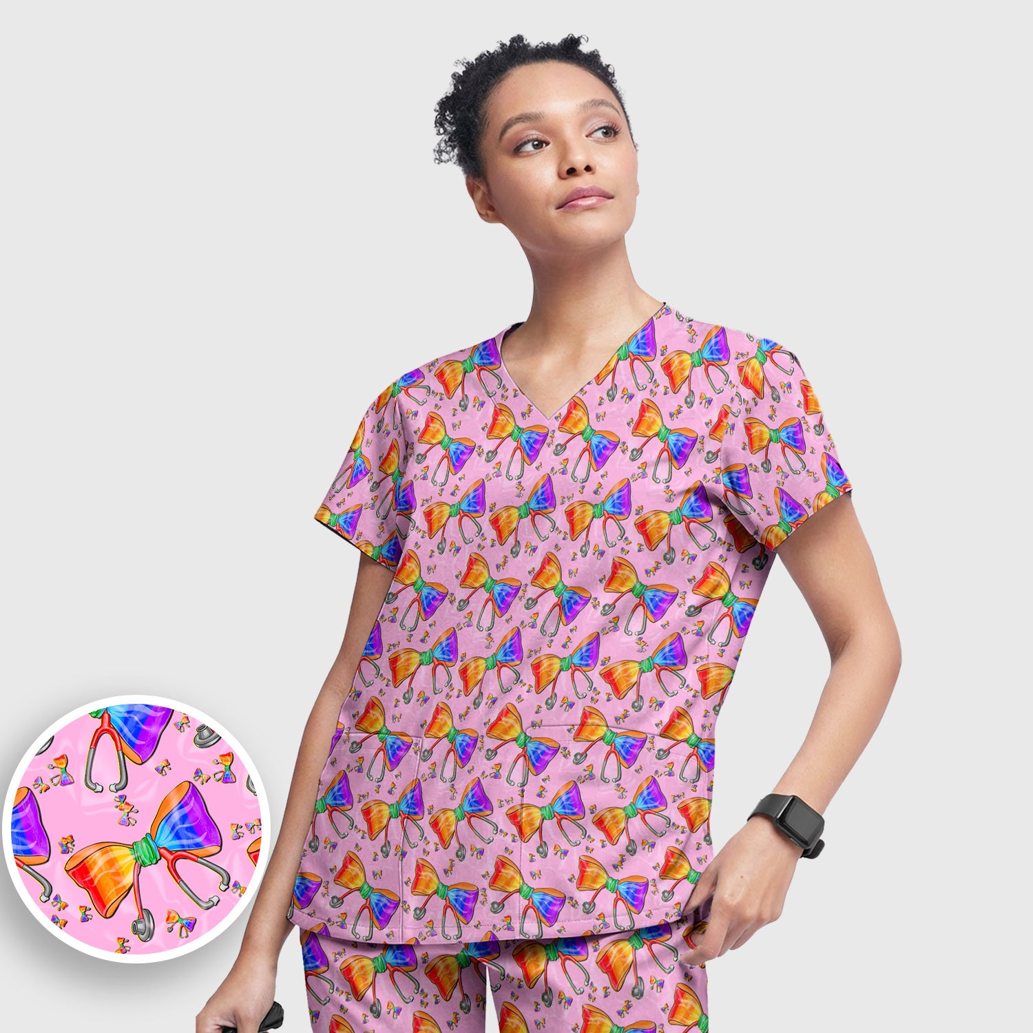 Colorful Rainbow Bow Stethoscope Pattern Scrub Top, Breathable Fabrics Nursing Uniform