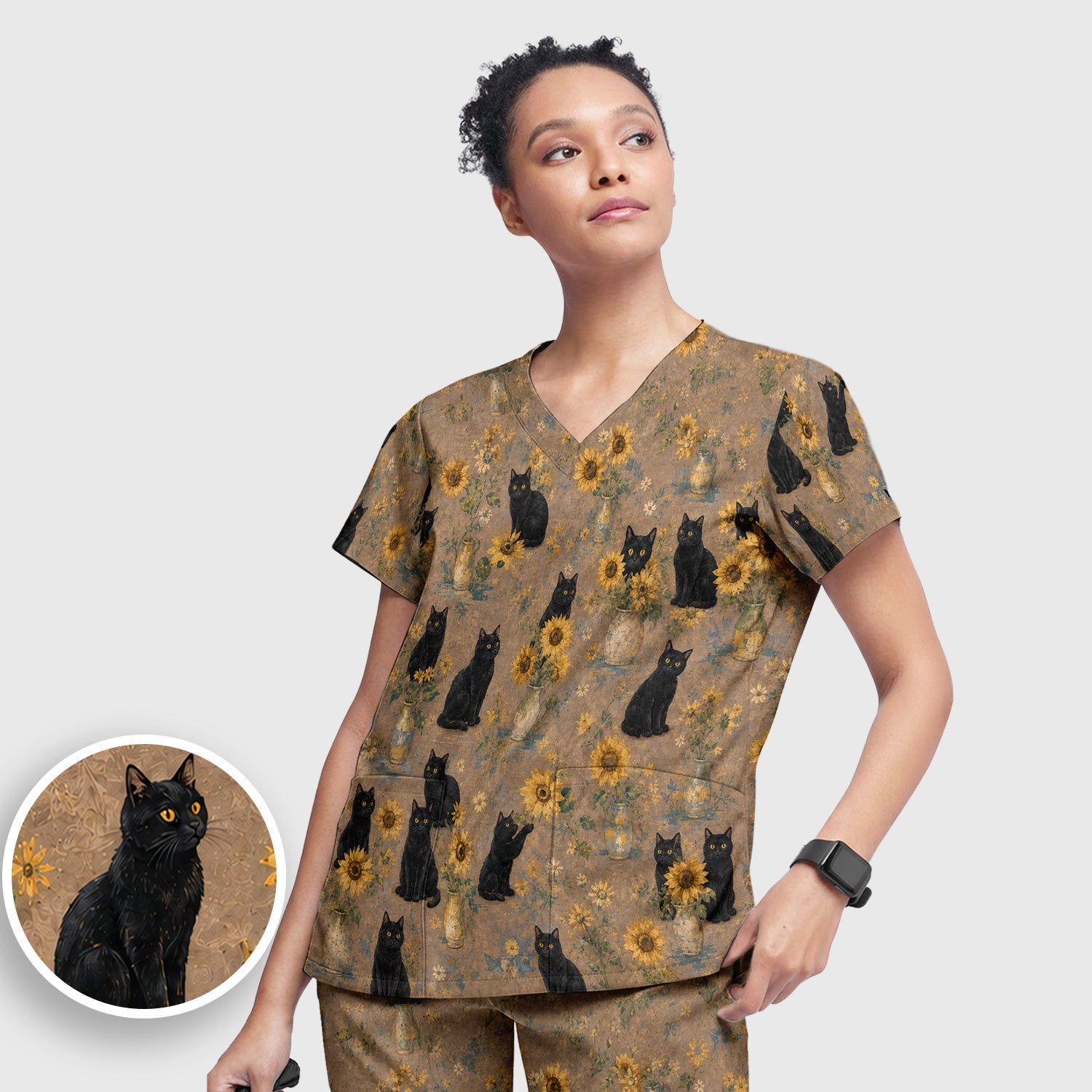 Rustic Sunflower Black Cat Print Scrub Set, Scrub Pants and V Neck Top