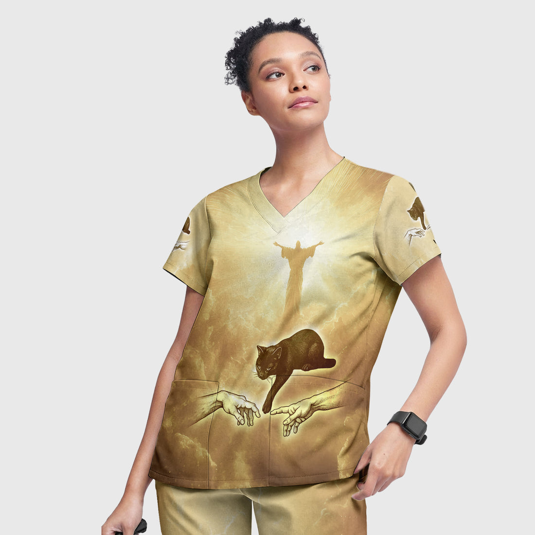 Golden Angel Cat Art Medical Scrub Set V Neck Nursing Uniform