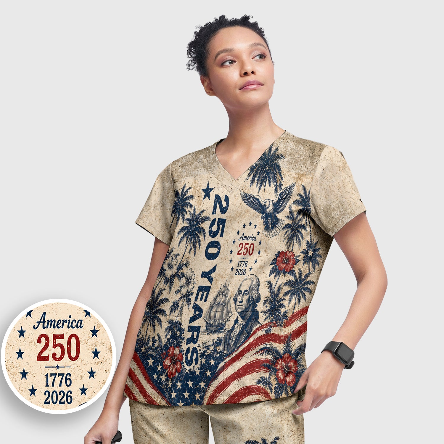 America 250 Freedom Print Scrub Set, Scrub Pants and V Neck Top