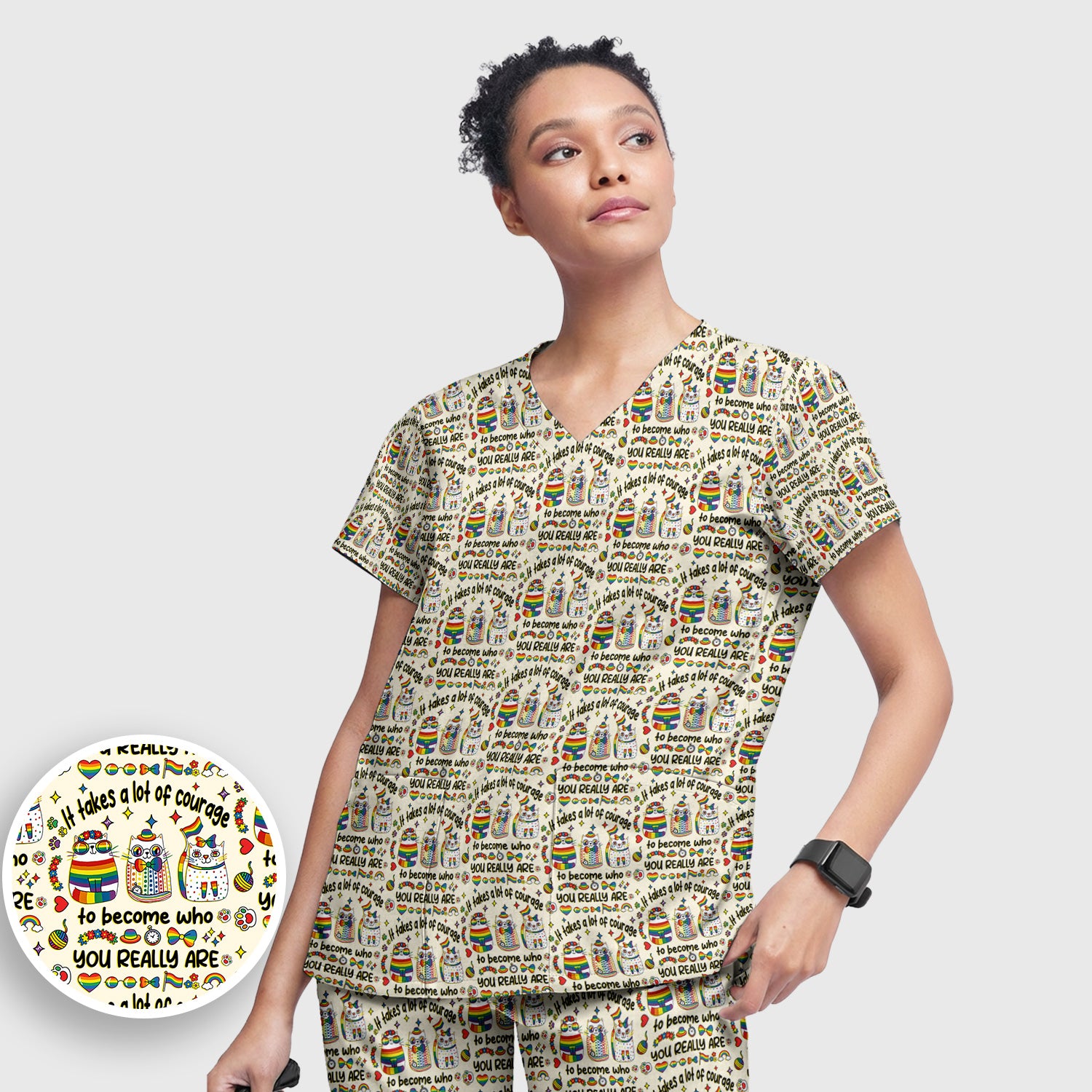 Inspirational Nurse Rainbow Cat Courage Quote Pattern Scrub Top, Breathable Fabrics Nursing Uniform