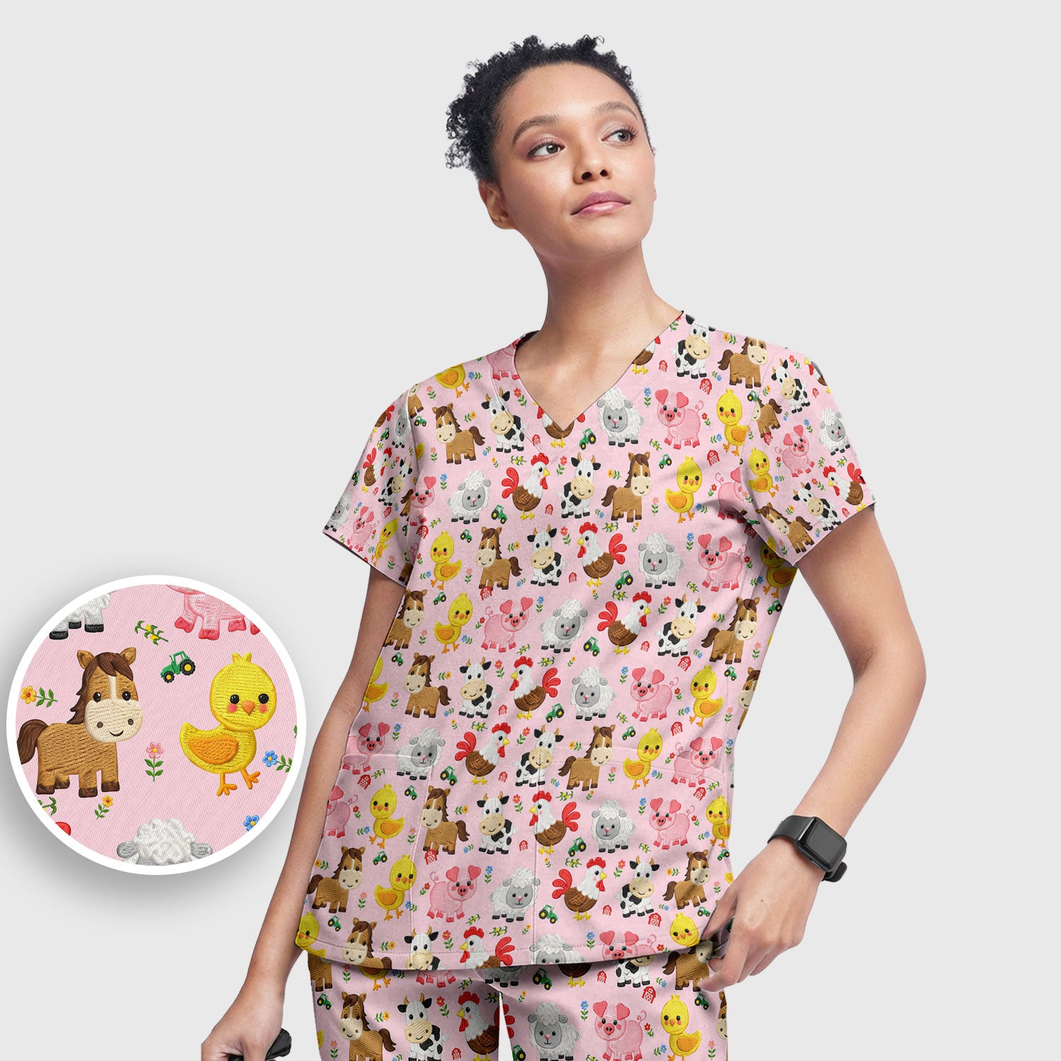 Cartoon Farm Animal Pattern Scrub Set, Breathable Med Uniform