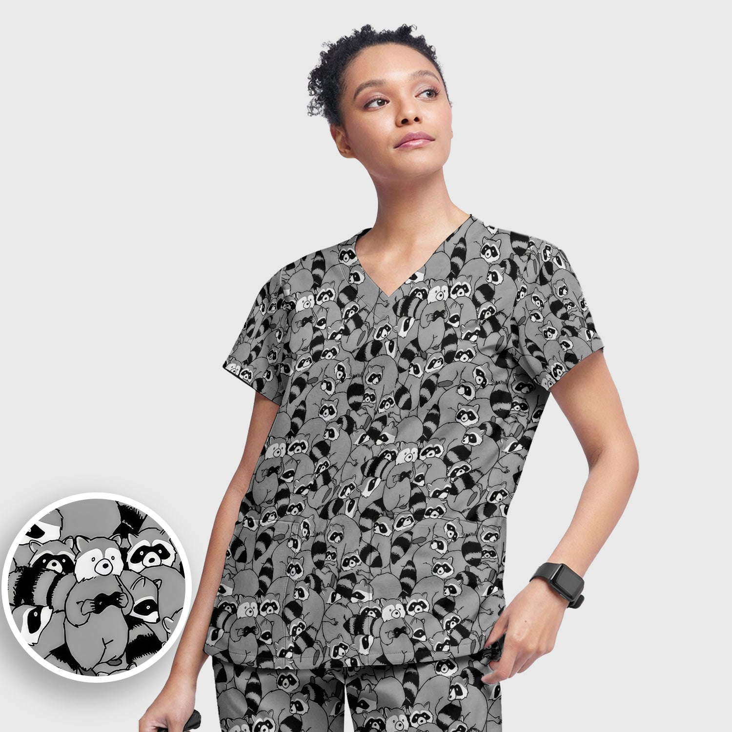 Cute Nurse Raccoon Crowd Pattern Scrub Set, Scrub Pants and V Neck Top