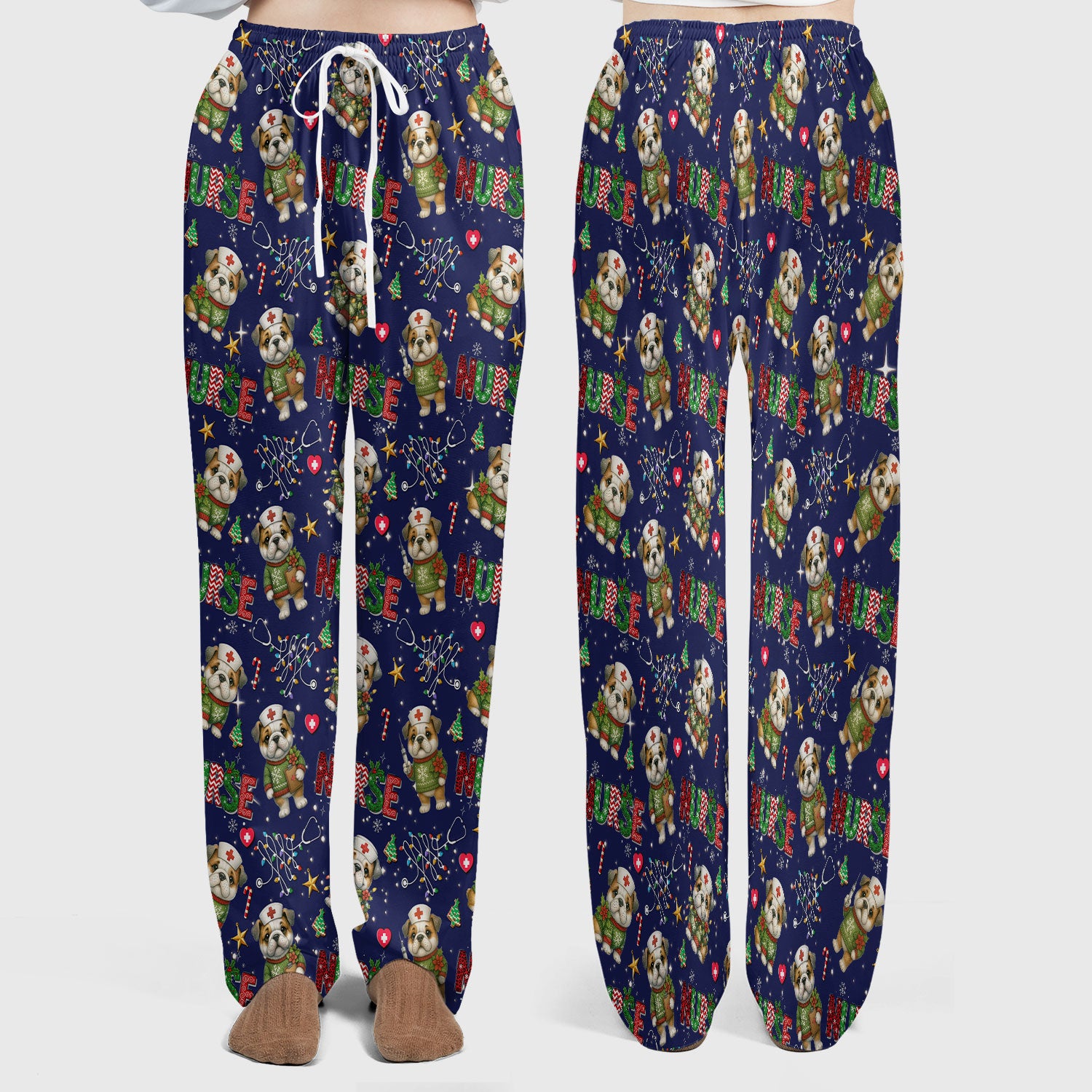 Bulldog Christmas Nurse Scrub Set - Funny Dog Scrubs Pants and V Neck Top - Cute Holiday Medical Uniform