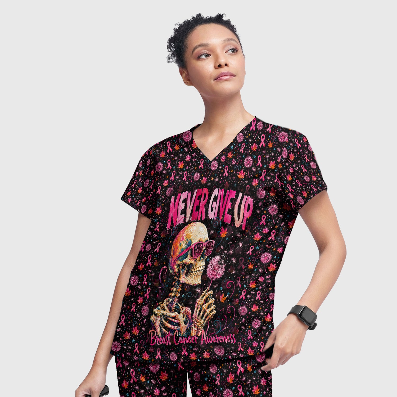 Meaningful Breast Cancer Awareness Skeleton Scrub Set, Scrub Pants and V Neck Top