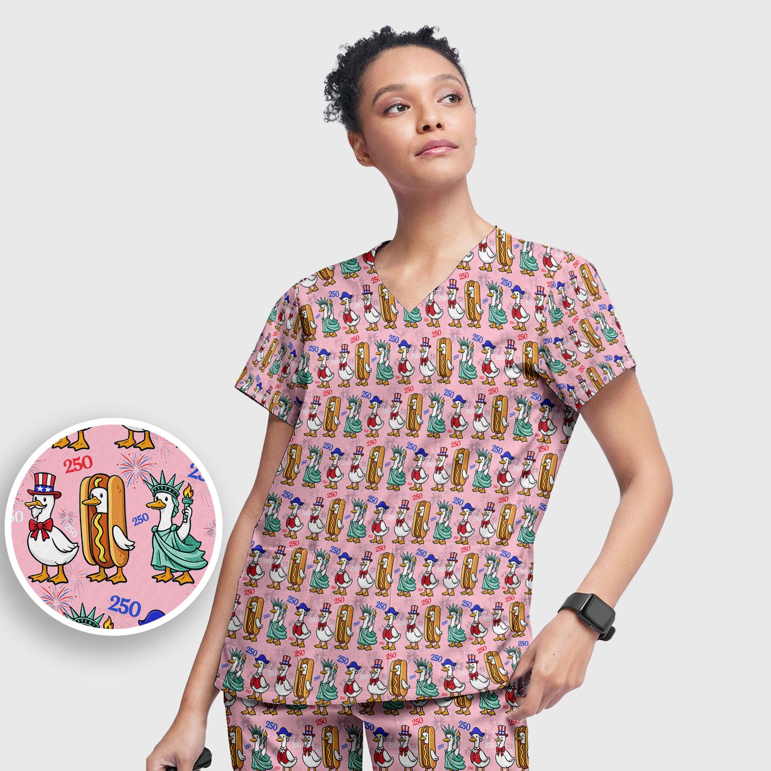Patriotic Duck Independence Day Pattern Scrub Set, Scrub Pants and V Neck Top