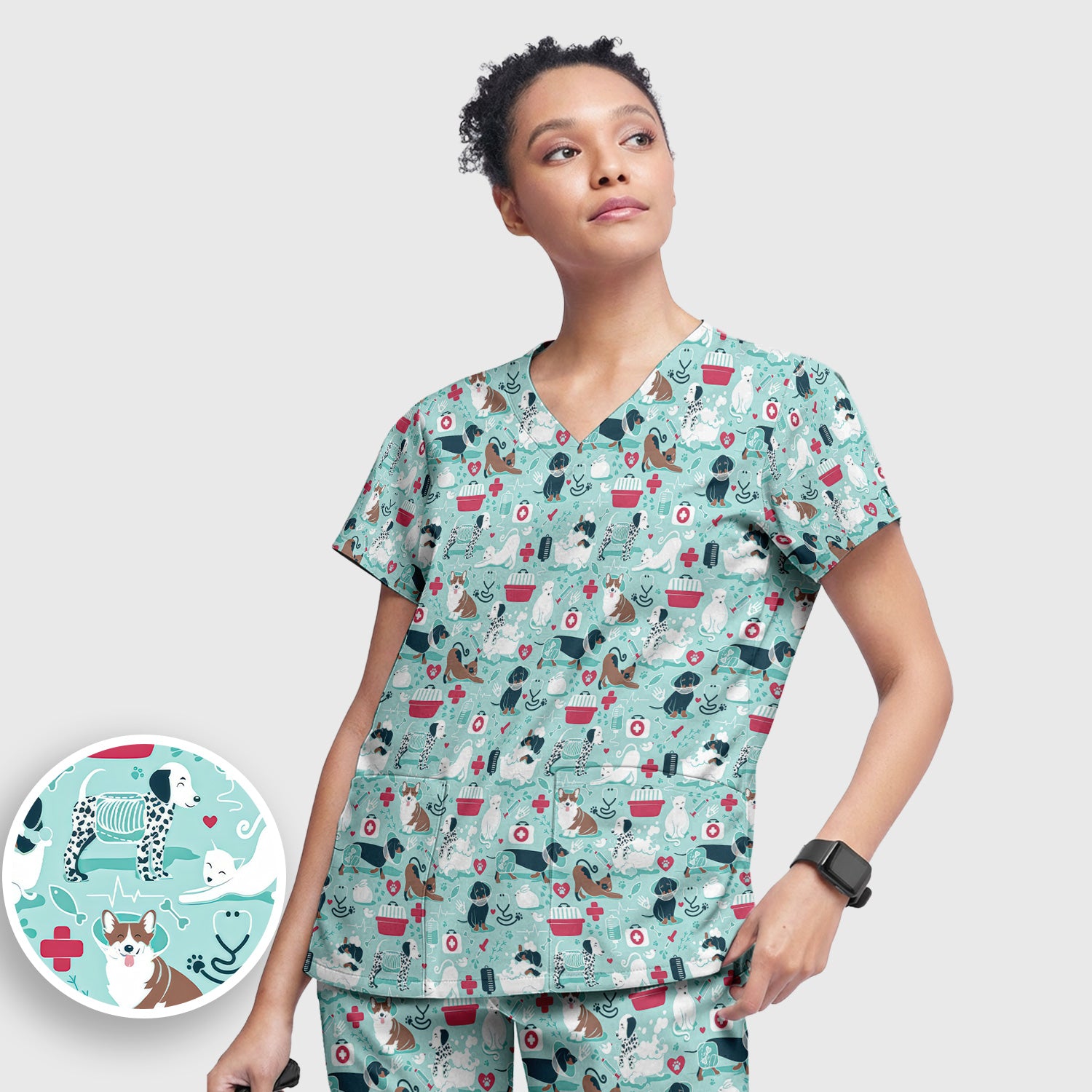 Dogs With Veterinary Tools And Paw Print Scrub Set, Breathable Med Uniform