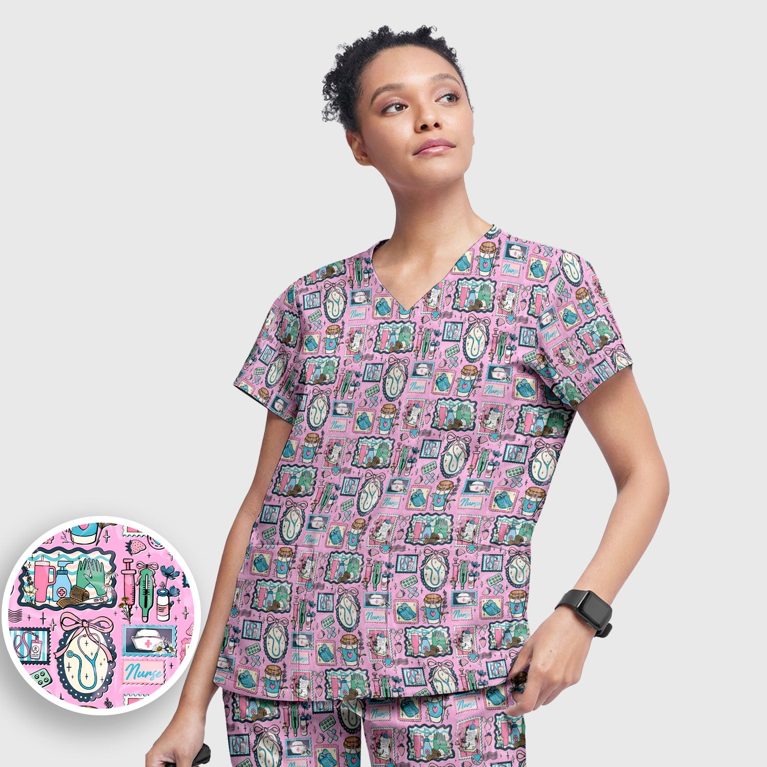 Medical Tools Stethoscope Syringe Frame Scrub Top, Breathable Fabrics Nursing Uniform