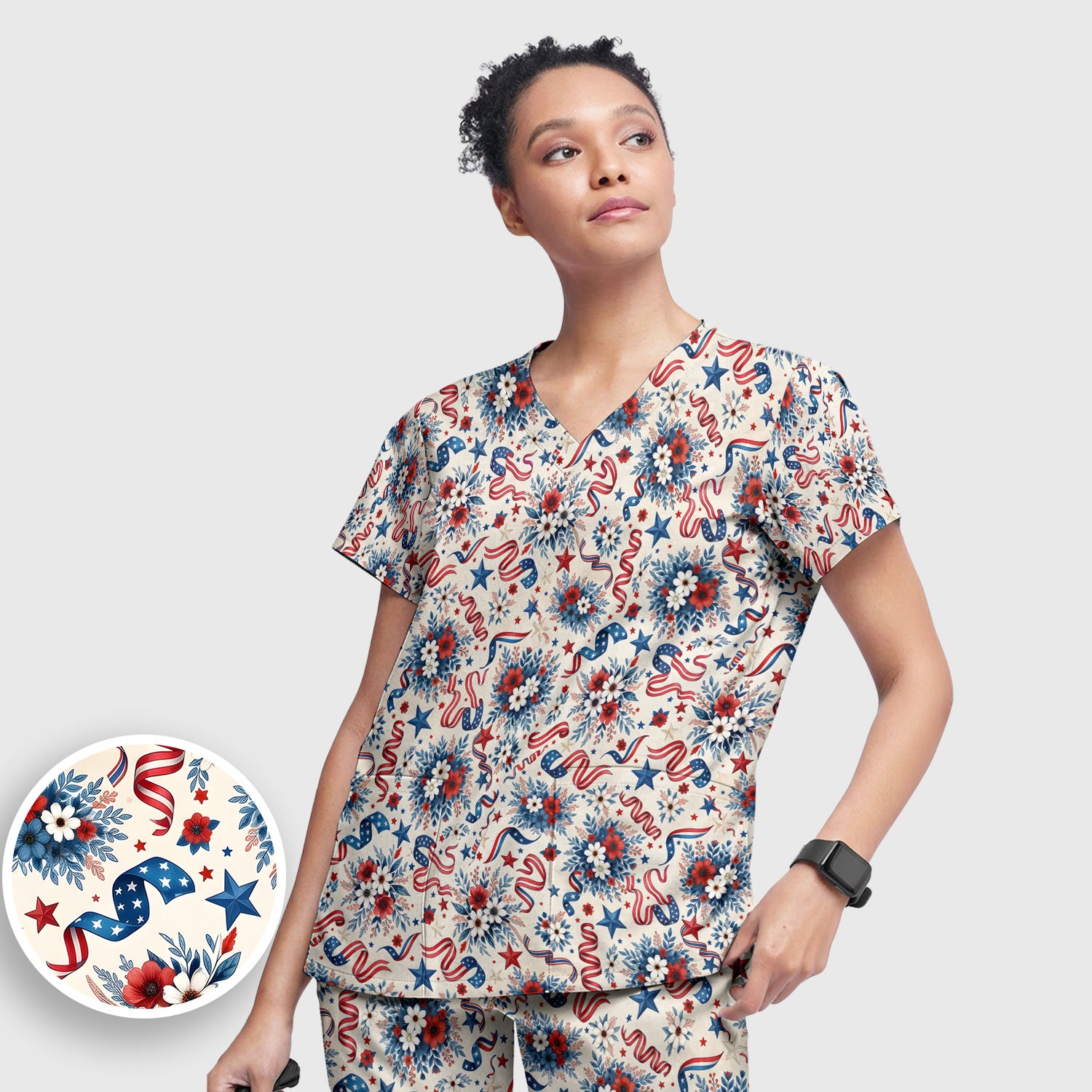 Patriotic Floral Ribbon Nurse for RN & CNA, Americana Healthcare Workers Uniform Scrub Set, Scrub Pants and V Neck Top