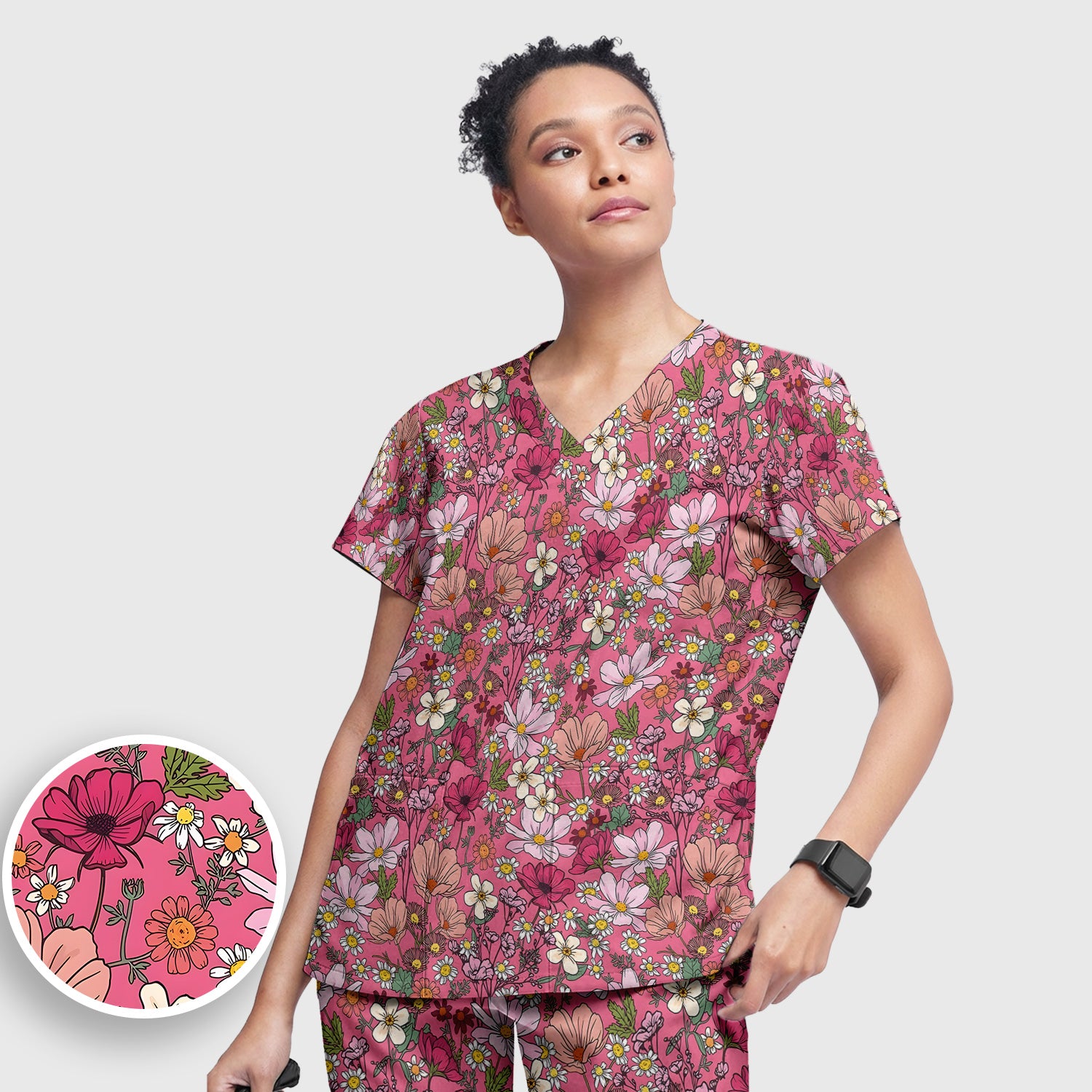 Pink Daisy Wildflower Nurse Pattern Scrub Set, Scrub Pants and V Neck Top