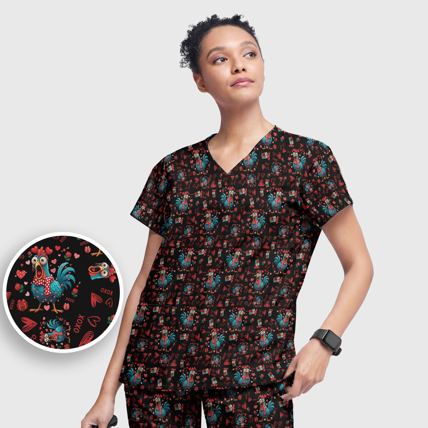 Funny Rooster Valentine Scrub Set, Cute Chicken XOXO Heart Pattern Nurse Shirt, Breathable Fabrics Nursing Uniform
