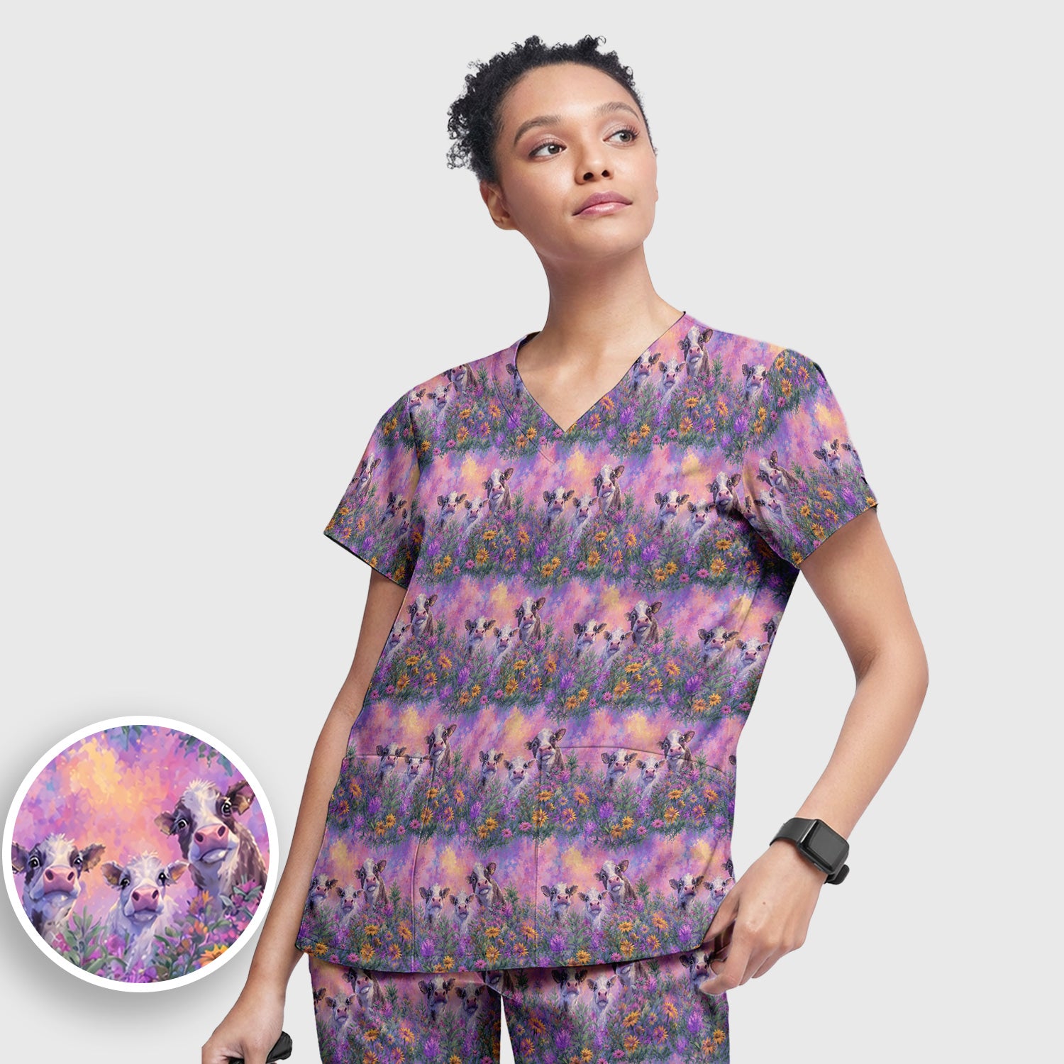 Pastel Cow Meadow Flower Pattern Scrub Set, Scrub Pants and V Neck Top