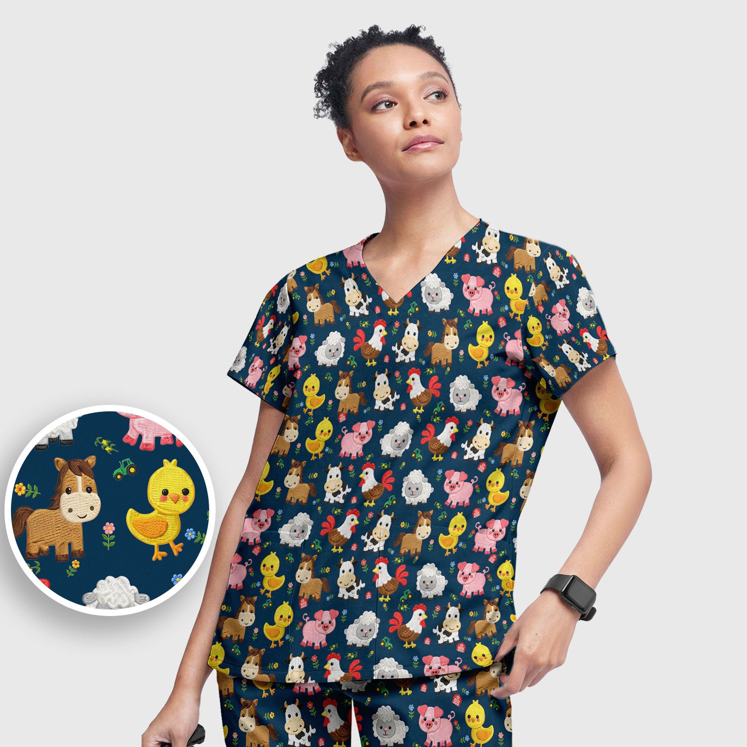 Cartoon Farm Animal Pattern Scrub Set, Breathable Med Uniform