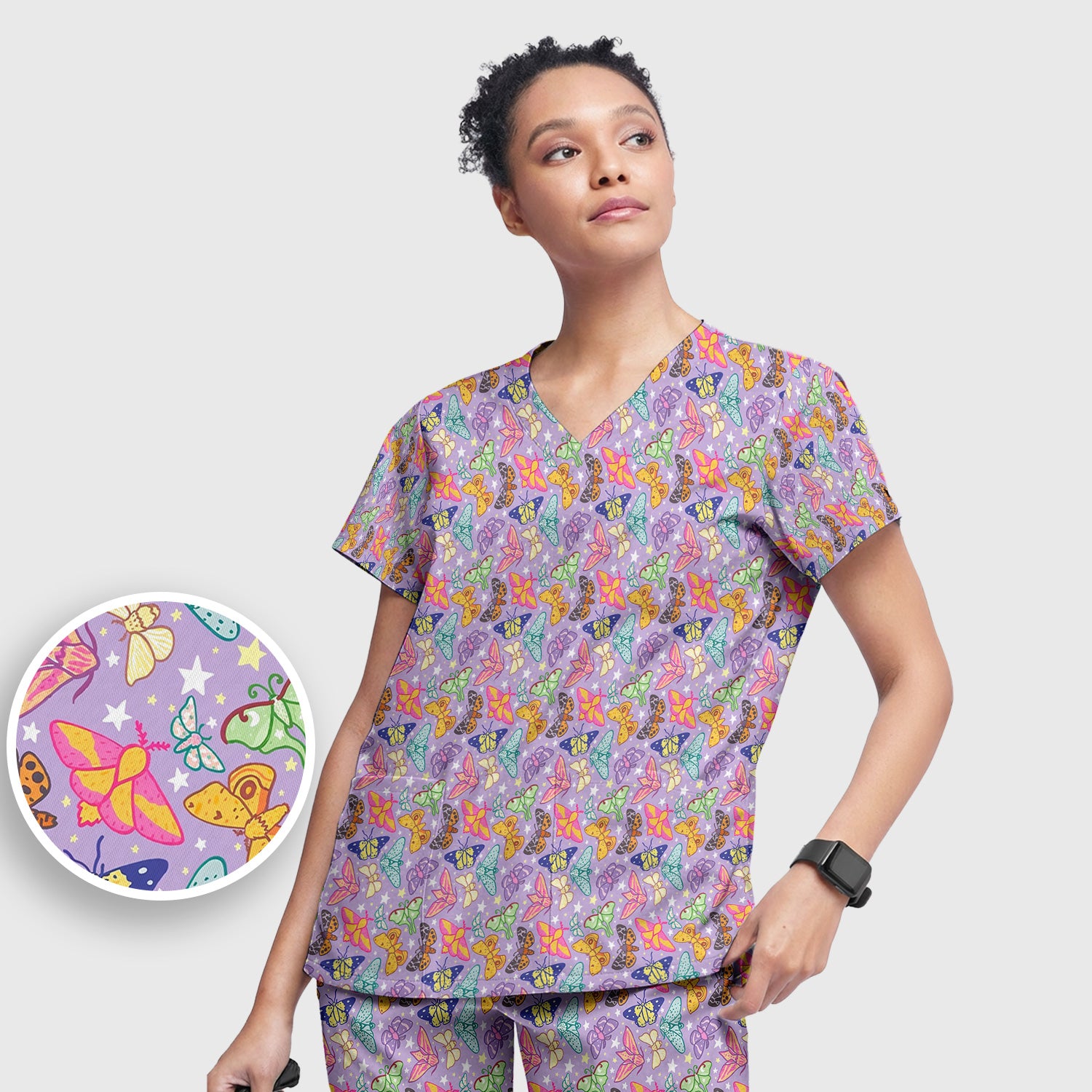 Colorful Butterfly Moth Garden Pattern Scrub Set, Scrub Pants and V Neck Top