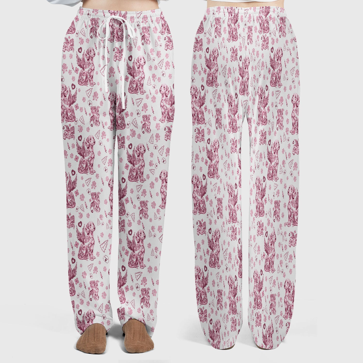 Toile de Jouy Dachshund Angel Scrub Set - Blue Vintage Wiener Dog Scrubs Pants and V Neck Top - Memorial Puppy Gift