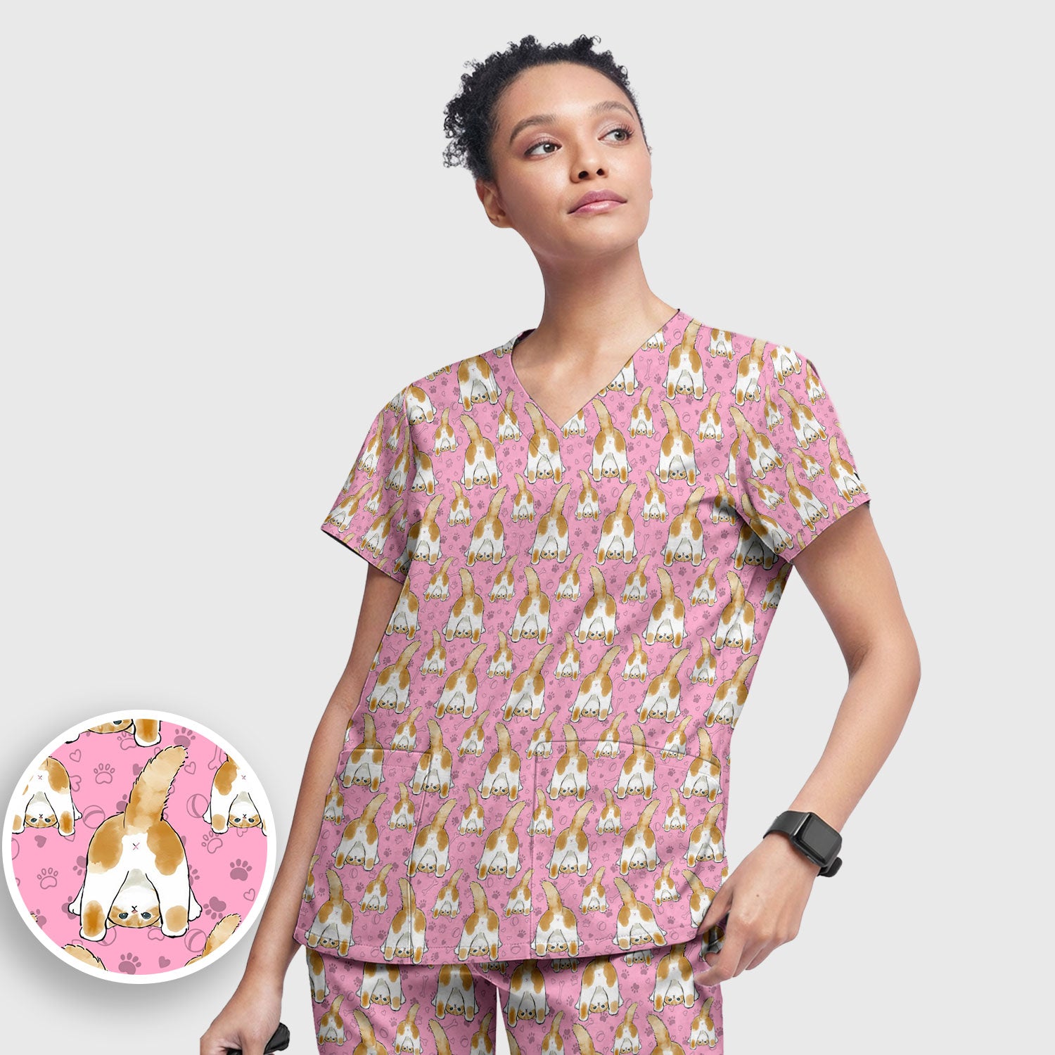 Cute Cat Butt Nurse Scrub Set, Cat Pattern Medical Shirt For Pet Lover, Breathable Fabrics Nursing Uniform