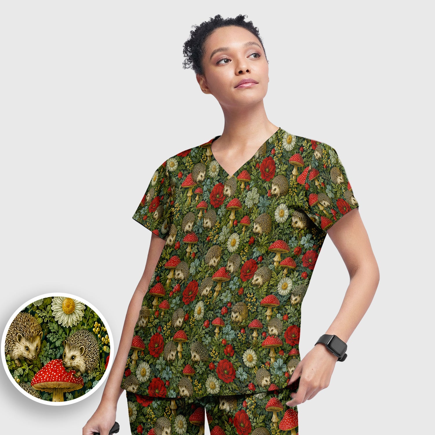 Enchanted Woodland Hedgehog Nurse for Pediatric Nurses, RN, CNA, Garden Medical Scrub Set, Scrub Pants and V Neck Top