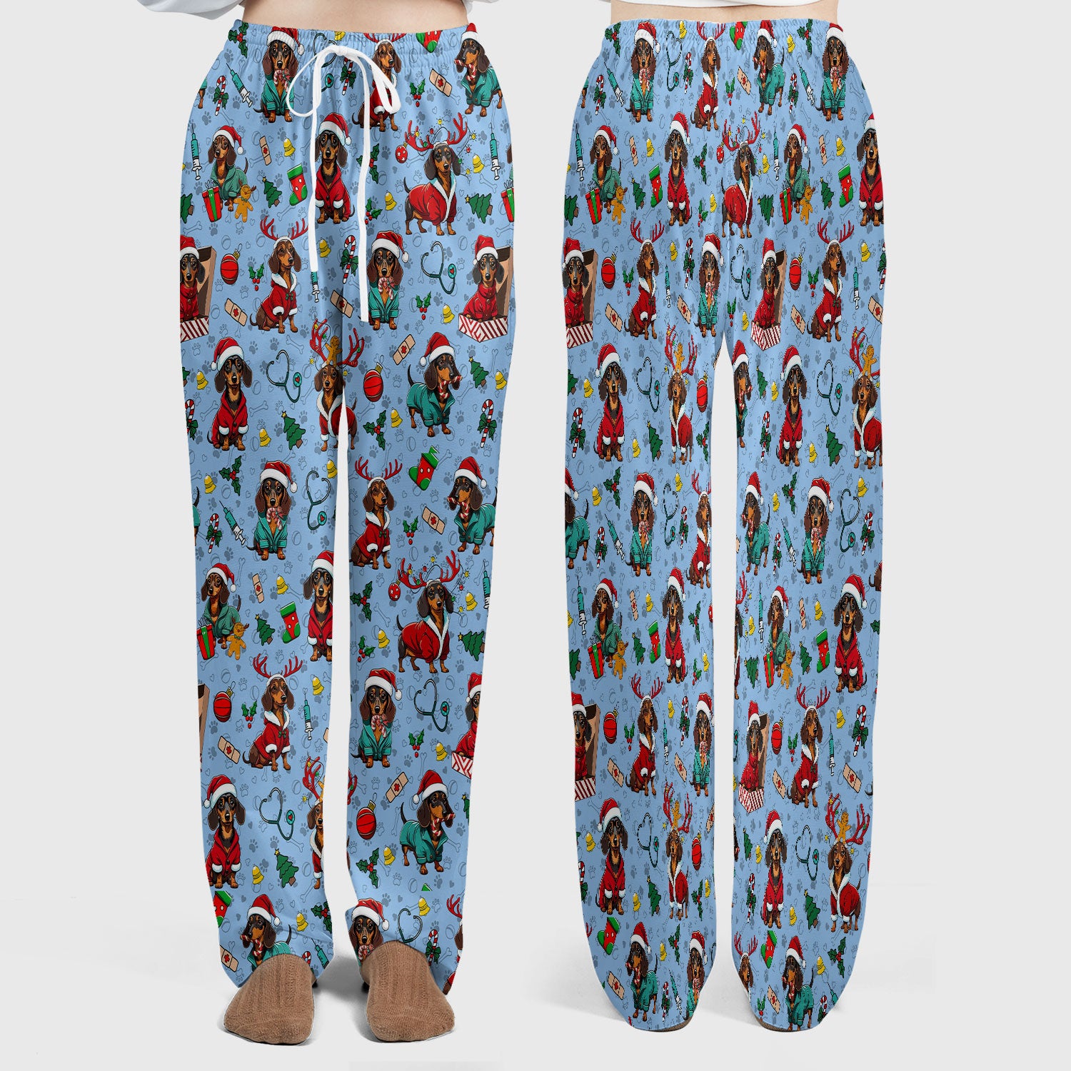 Christmas Dachshund Scrub Set for Nurses - Cute Sausage Dog Holiday - Funny Reindeer & Santa Scrubs Pants and V Neck Top