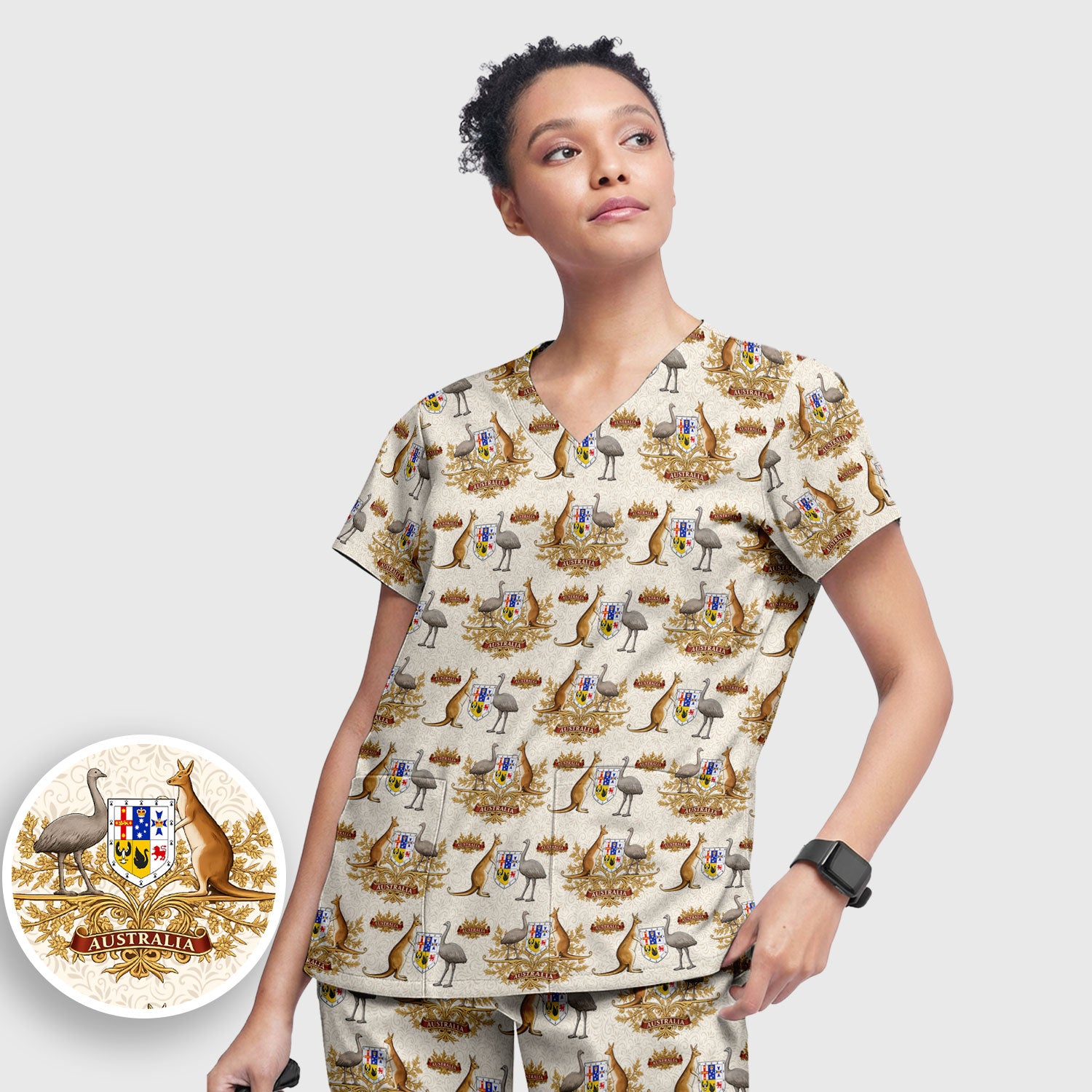 Australian National Crest Kangaroo Emu Scrub Set, Women's Scrub Sets