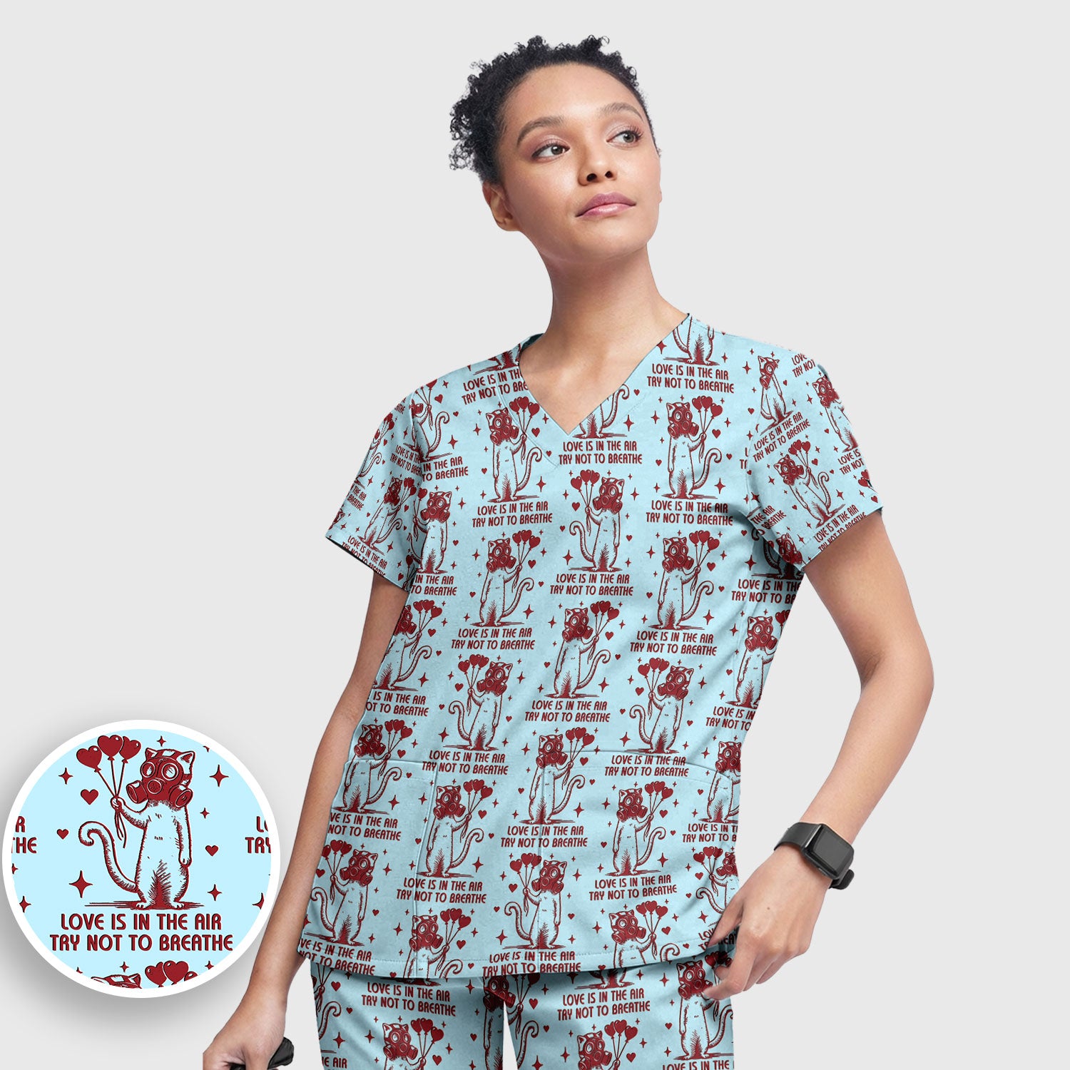 Gas Mask Cat Heart Balloon Valentine Print Scrub Set, Breathable Med Uniform
