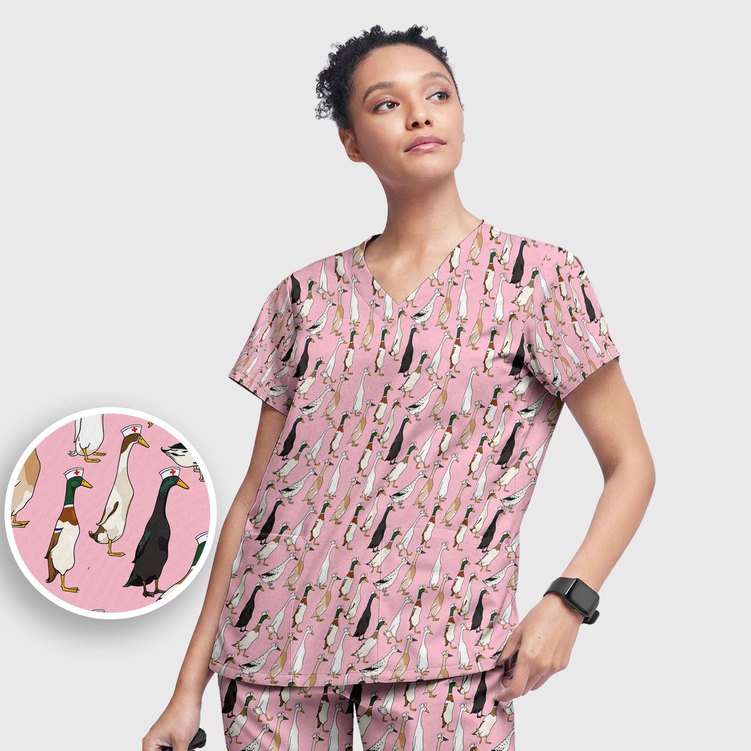 Funny Nurse Duck Pattern Scrub Set, Breathable Med Uniform