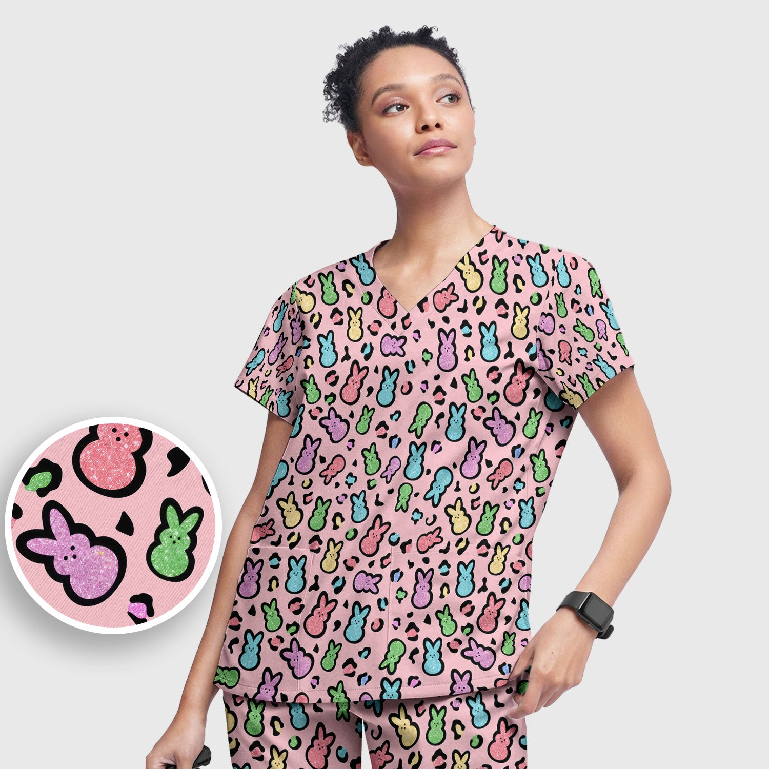 Cute Easter Bunny Pastel Pattern Scrub Set, Scrub Pants and V Neck Top