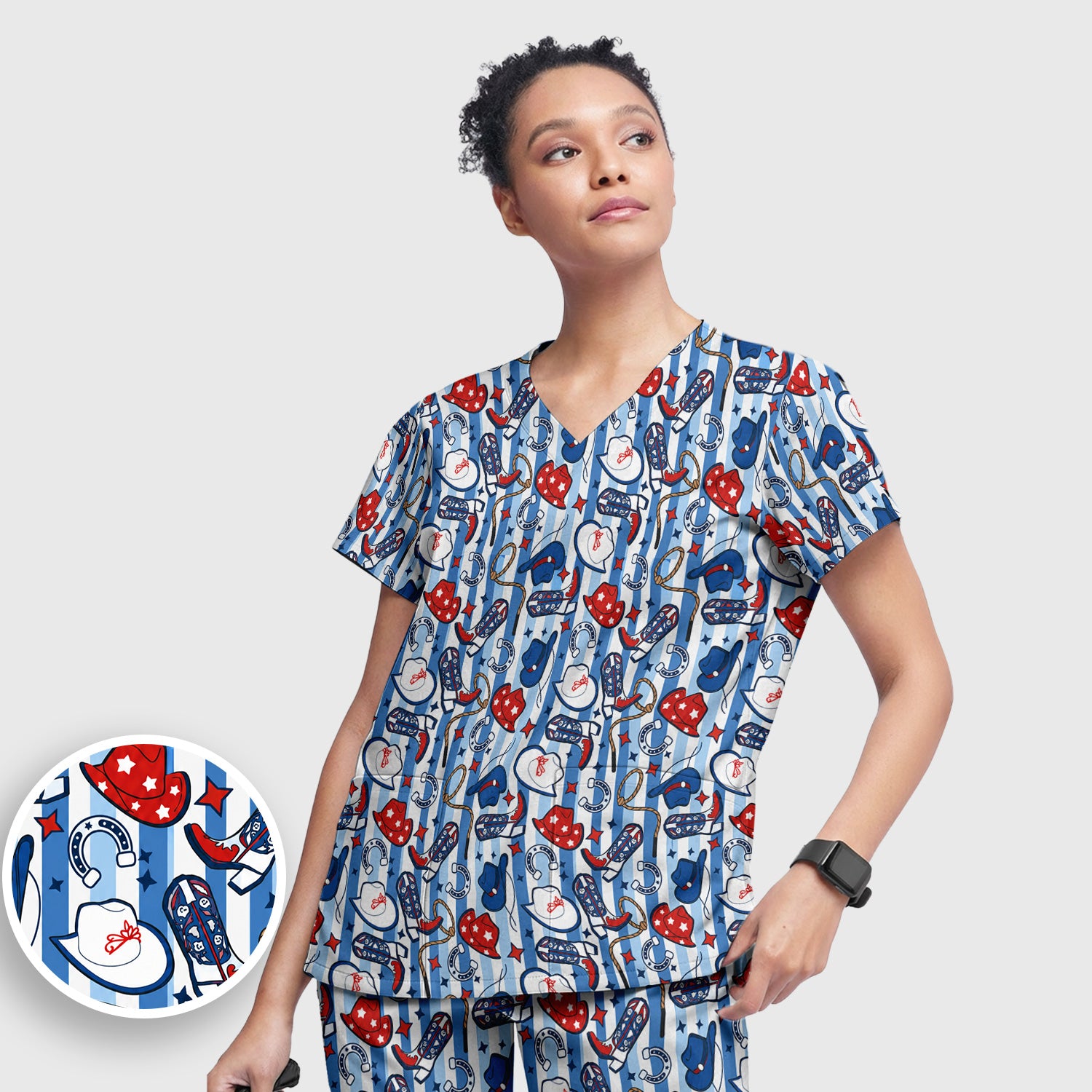 Western Cowboy Boots And Hats Print Scrub Set, Scrub Pants and V Neck Top