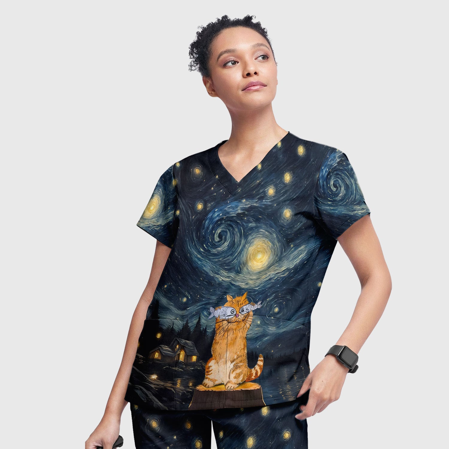 Cat Under Starry Night Sky Art Print Scrub Sets, Breathable Med Uniform