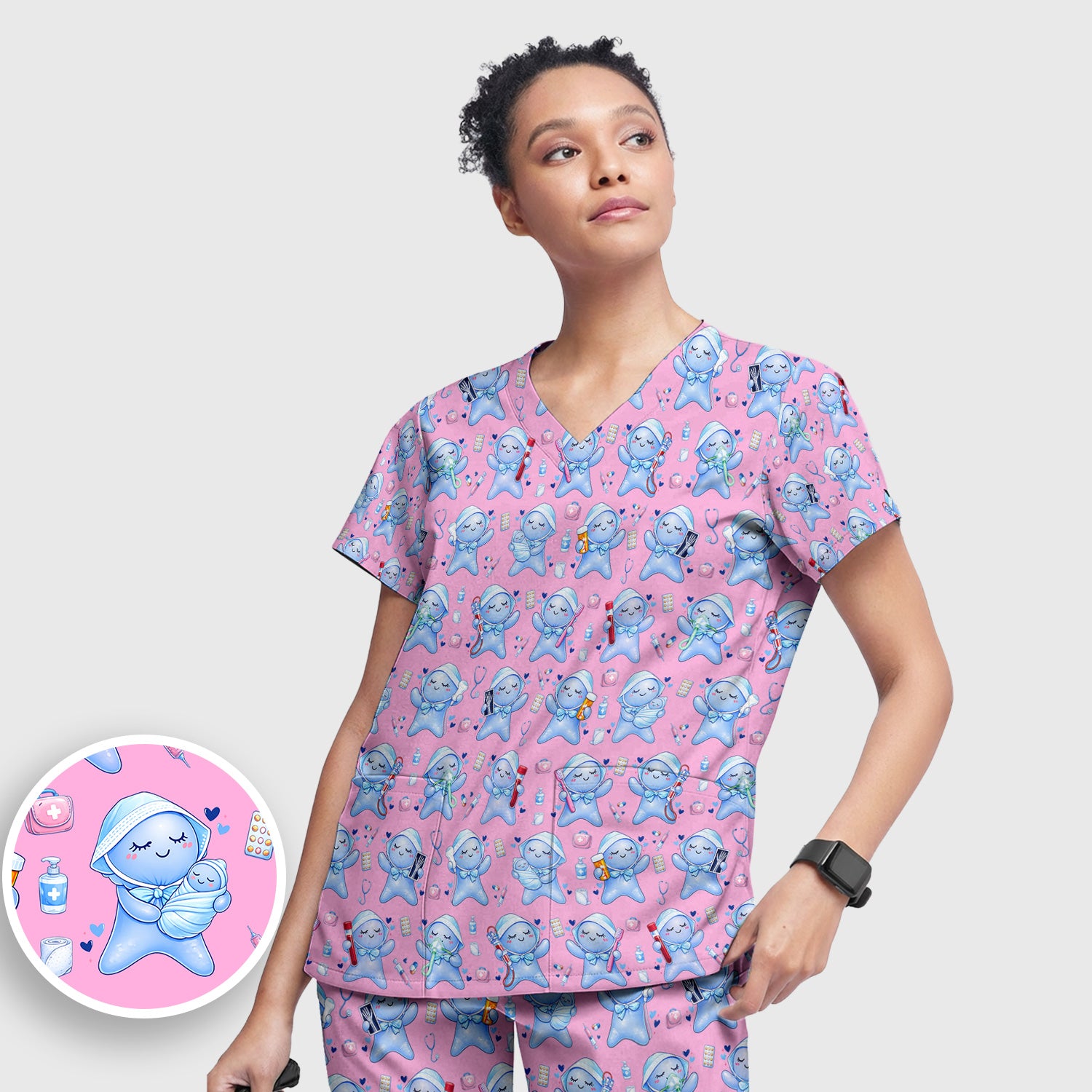 Cute Tooth Character Dental Tools Caring Pattern Scrub Set, Breathable Med Uniform