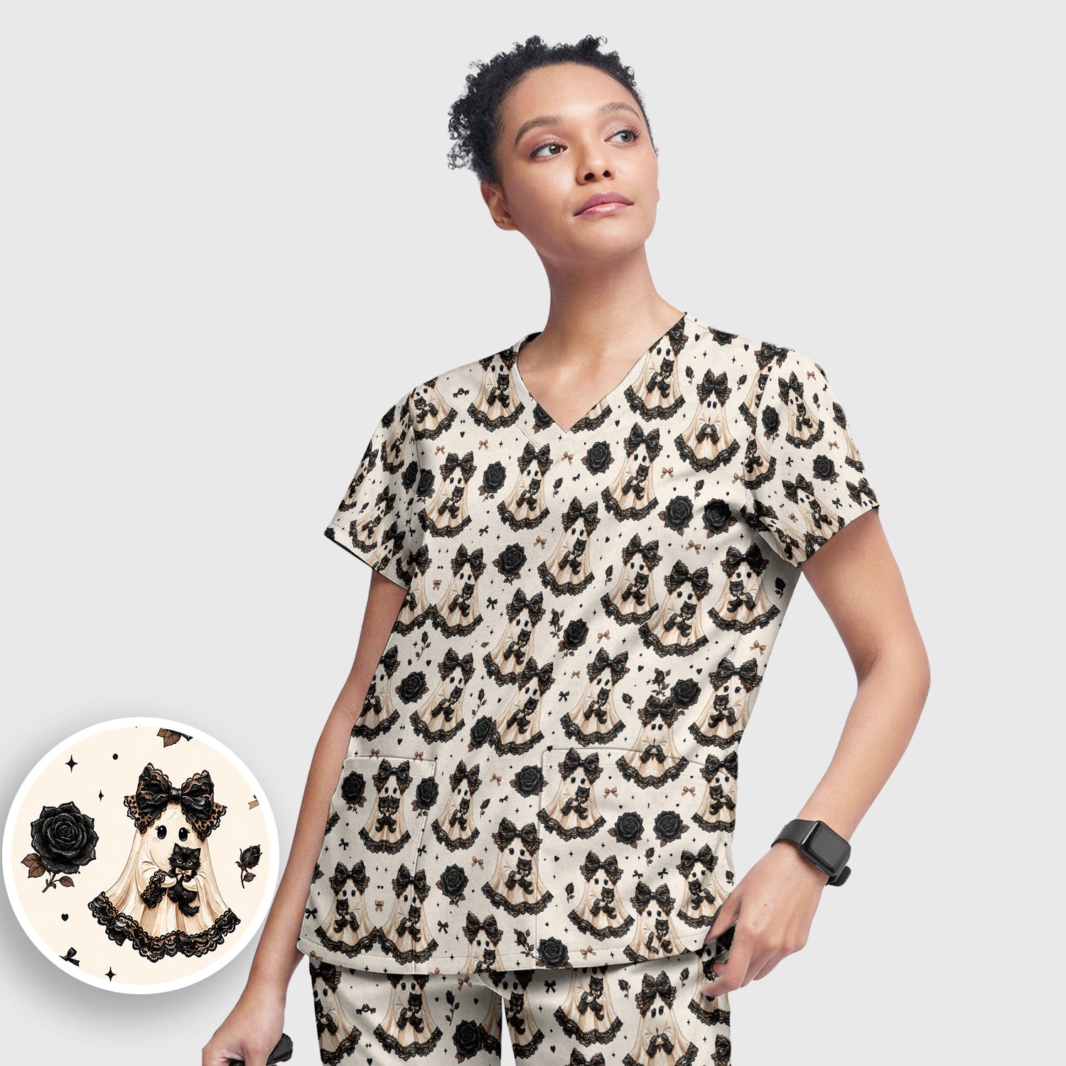 Halloween Ghost Black Cat Pattern Scrub Set, Scrub Pants and V Neck Top