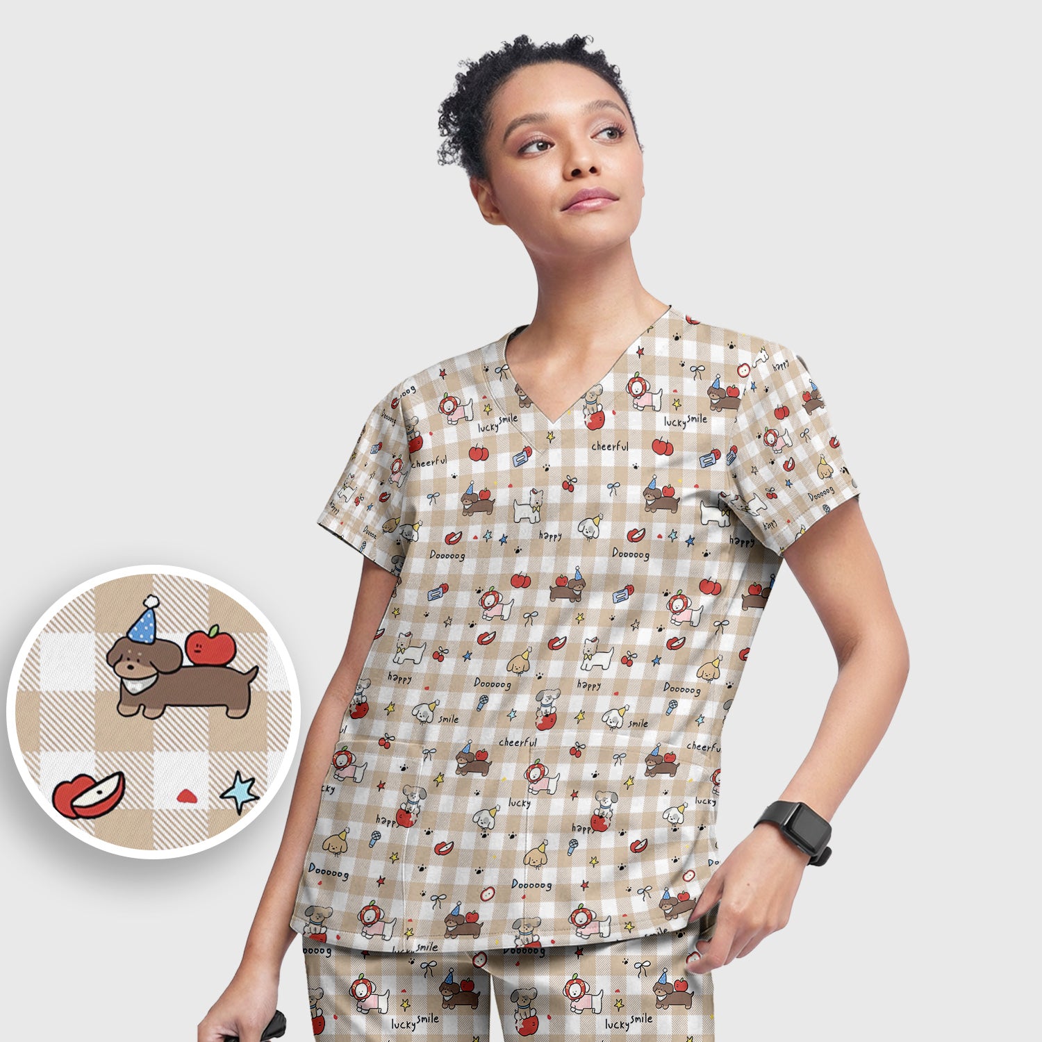 Cute Nurse Cartoon Puppy Apple Gingham Scrub Top, Breathable Fabrics Nursing Uniform